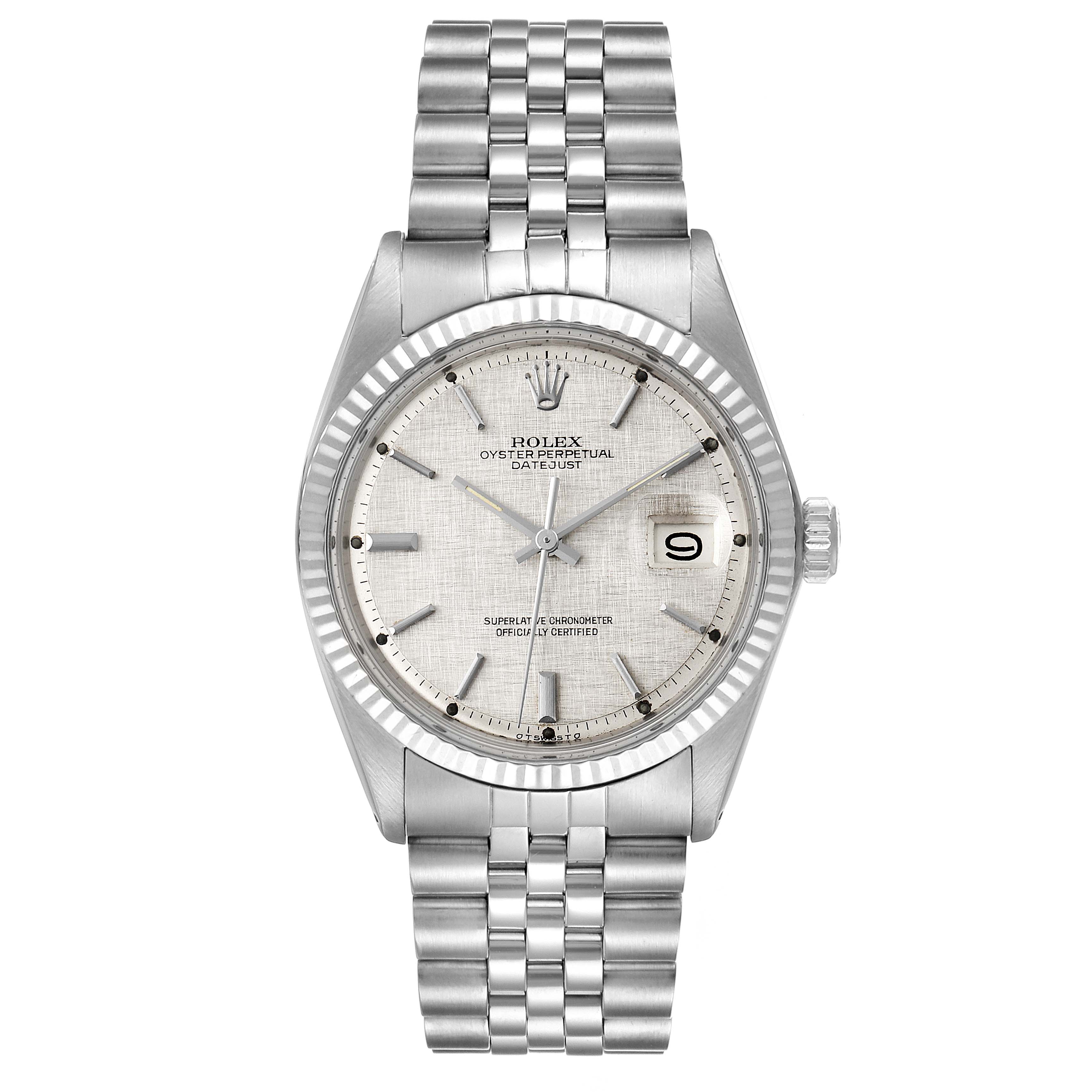 This Rolex Vintage Collection 1601 Men's Stainless Steel Silver Dial 1601 Men's Stainless Steel Silver Dial watch is shown from a top-down angle, displaying its face, bezel, and bracelet.