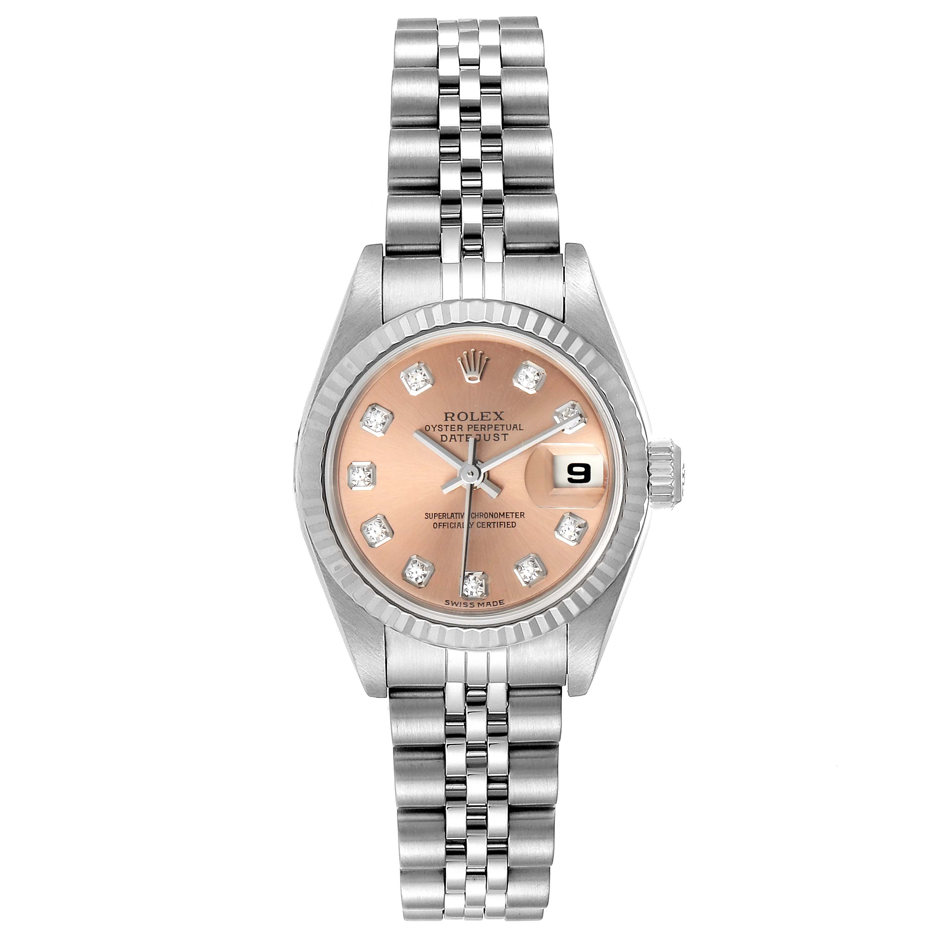 The Rolex Datejust 79174 Women's Stainless Steel Pink Dial 79174 Women's Stainless Steel Pink Dial watch is shown from the front, displaying the dial, bezel, crown, and bracelet.