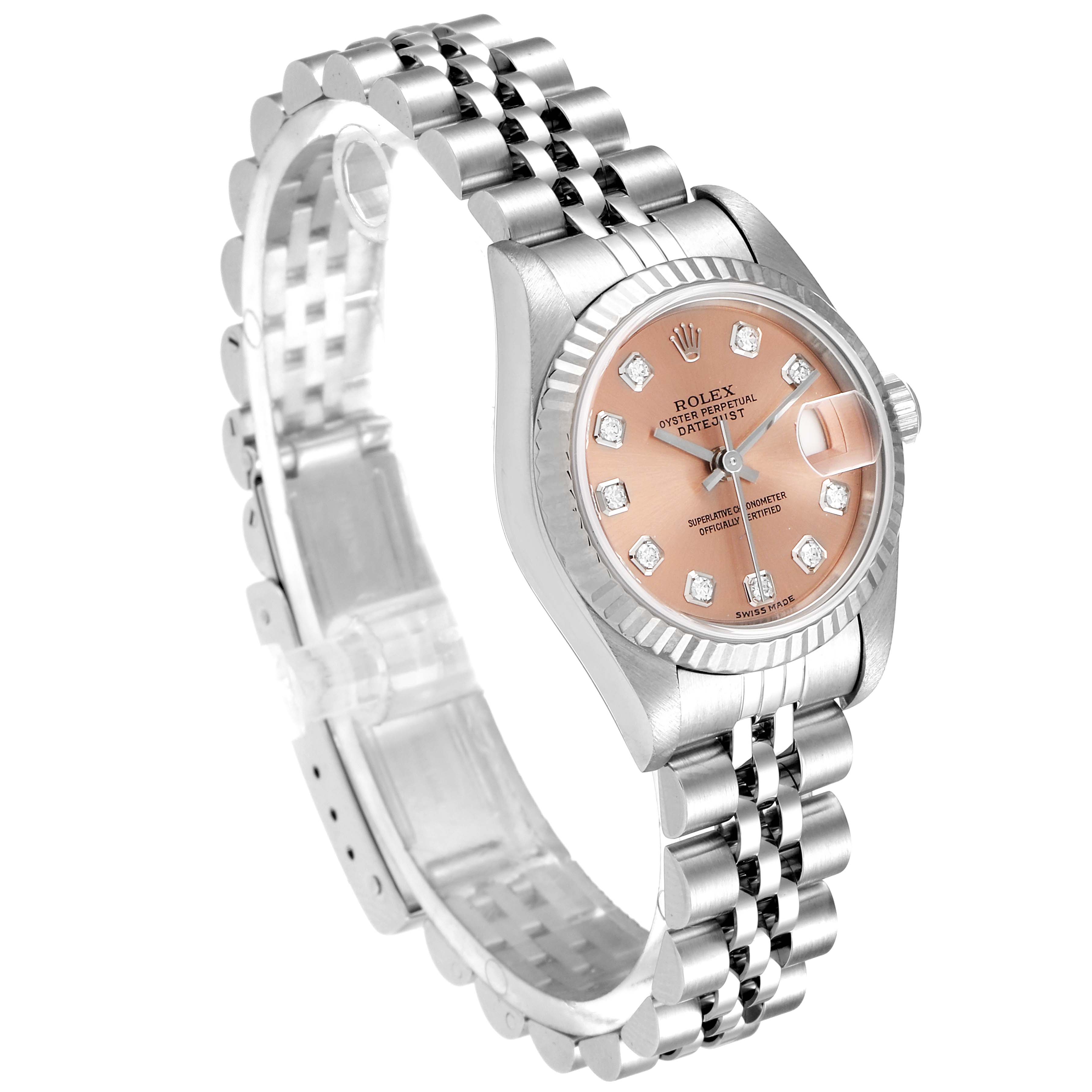 The Rolex Datejust 79174 Women's Stainless Steel Pink Dial 79174 Women's Stainless Steel Pink Dial watch is shown at an angle, showcasing its dial, bezel, and bracelet.