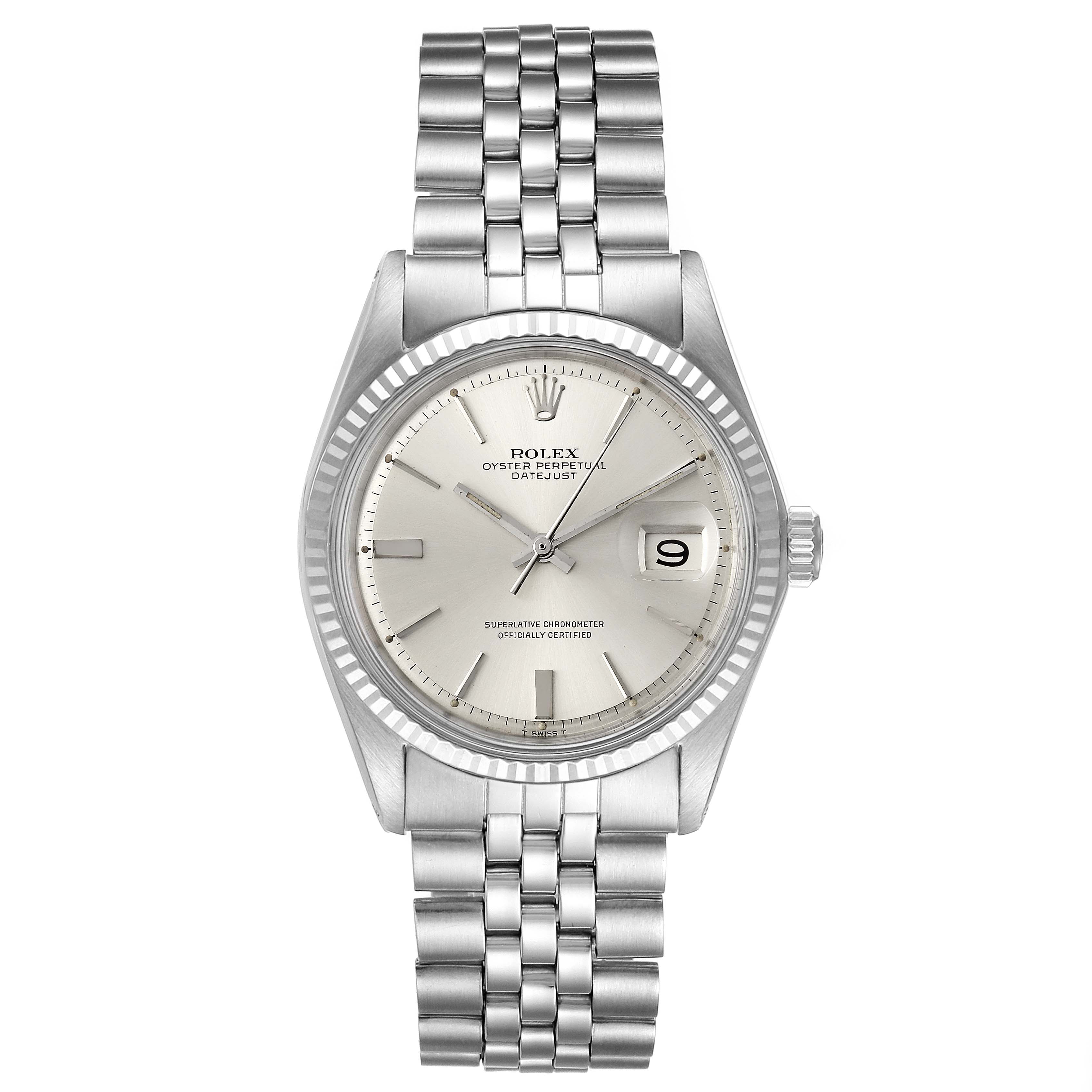 The image shows a front view of a Rolex Vintage Collection 1601 Men
s Stainless Steel Silver Dial 1601 Men
s Stainless Steel Silver Dial watch, featuring a stainless steel bracelet and date display.