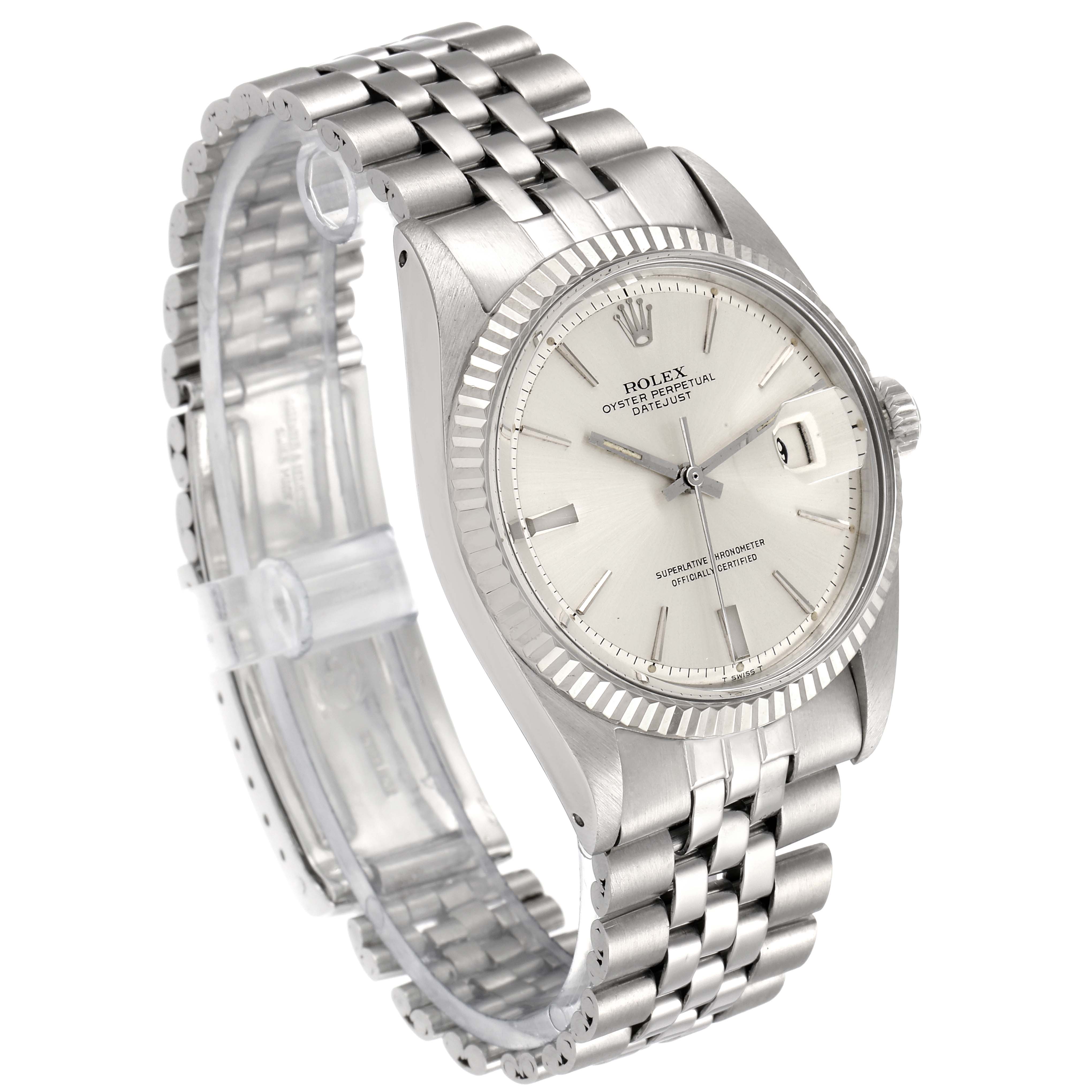 The image shows the front and side angle of a Rolex Vintage Collection 1601 Men
s Stainless Steel Silver Dial 1601 Men
s Stainless Steel Silver Dial watch, highlighting the face, bezel, and stainless steel bracelet.