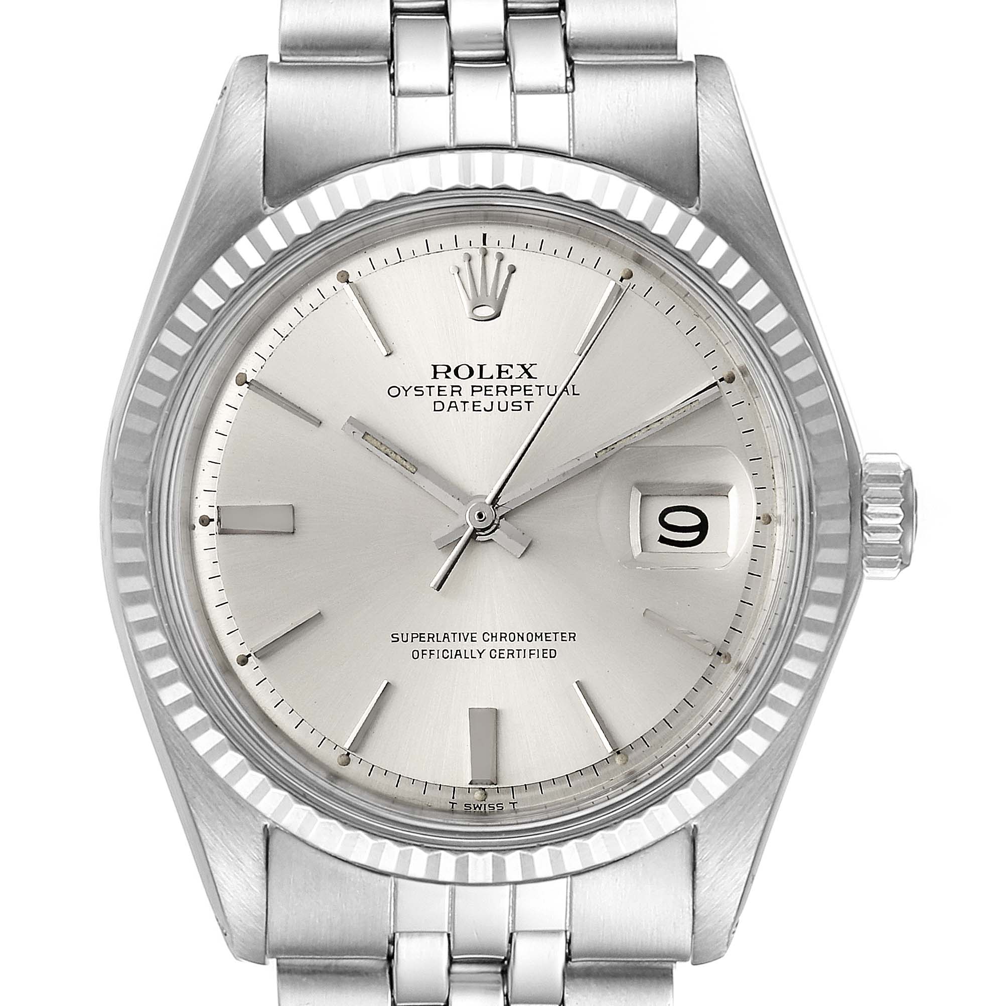 The image shows a frontal view of a Rolex Vintage Collection 1601 Men
s Stainless Steel Silver Dial 1601 Men
s Stainless Steel Silver Dial Oyster Perpetual Datejust watch, highlighting the dial, bezel, and bracelet.