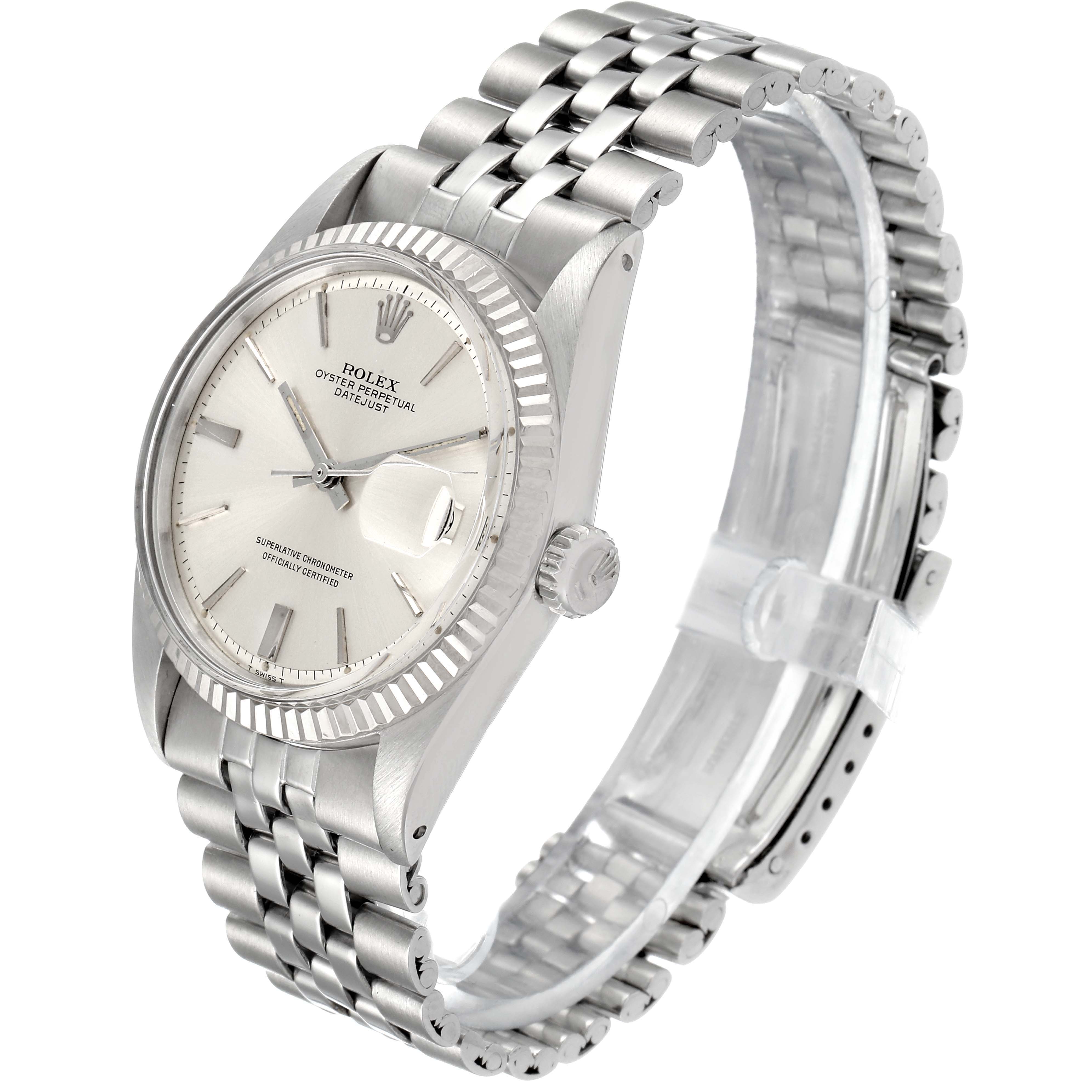 The image shows a side-angle view of a Rolex Vintage Collection 1601 Men
s Stainless Steel Silver Dial 1601 Men
s Stainless Steel Silver Dial watch, highlighting the face, bezel, crown, and bracelet.