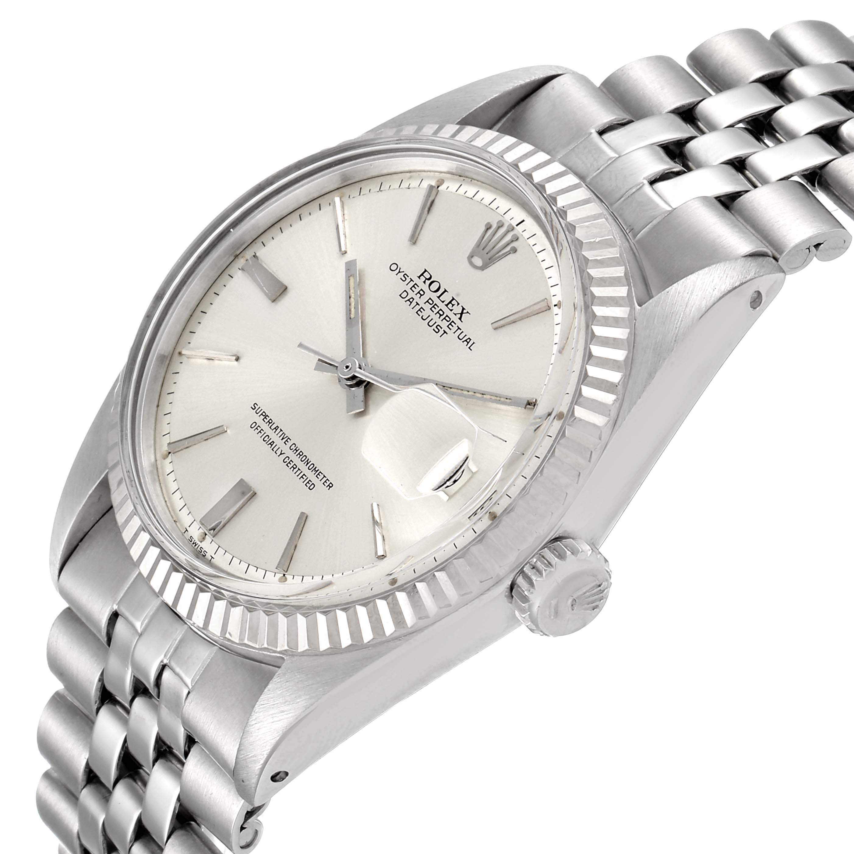 The image shows a front-top angled view of the Rolex Vintage Collection 1601 Men
s Stainless Steel Silver Dial 1601 Men
s Stainless Steel Silver Dial watch, including its dial, bezel, crown, and bracelet.