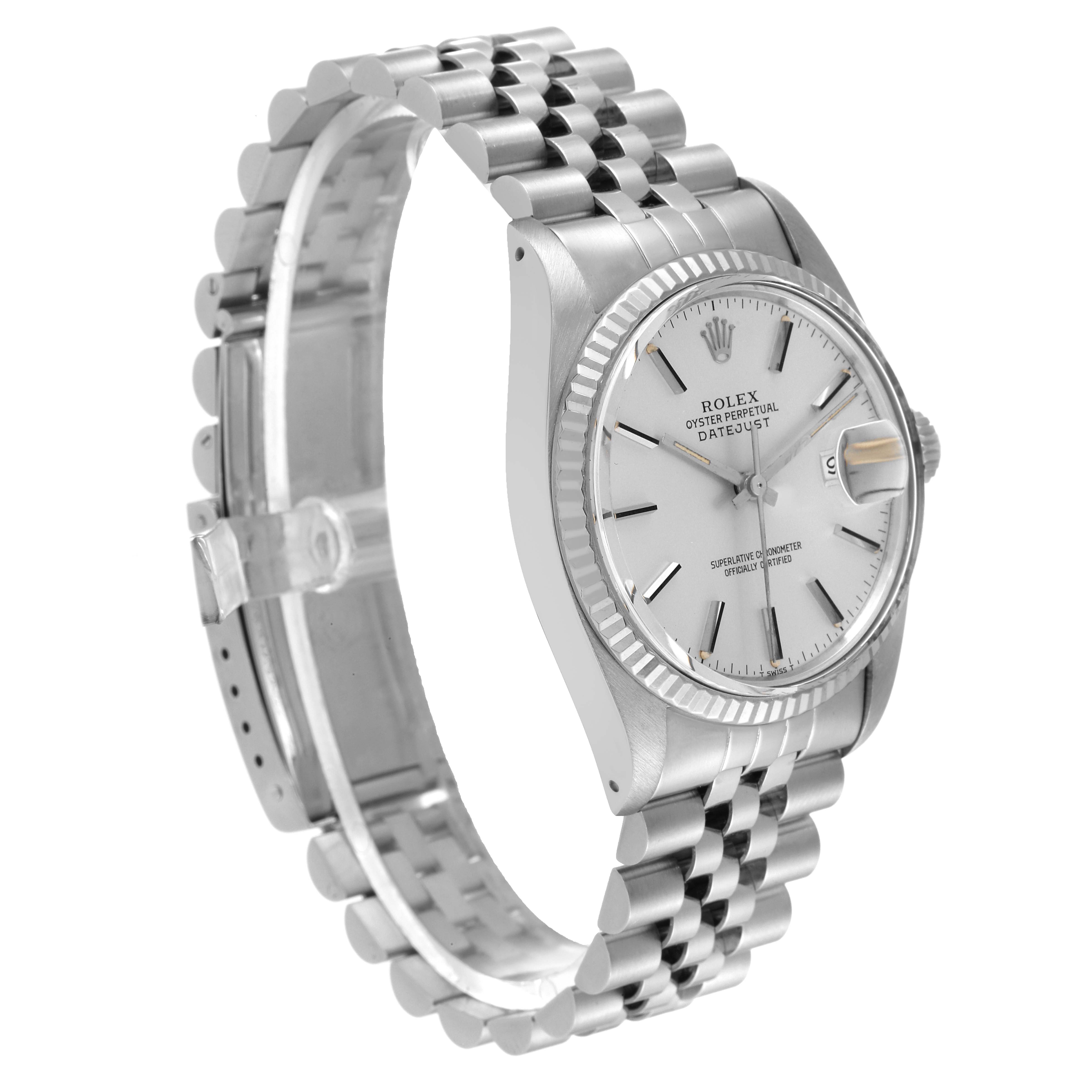 This image shows a side view of the Rolex Vintage Collection 16014 Men
s Stainless Steel Silver Dial 16014 Men
s Stainless Steel Silver Dial watch, highlighting the dial, bezel, bracelet, and clasp.