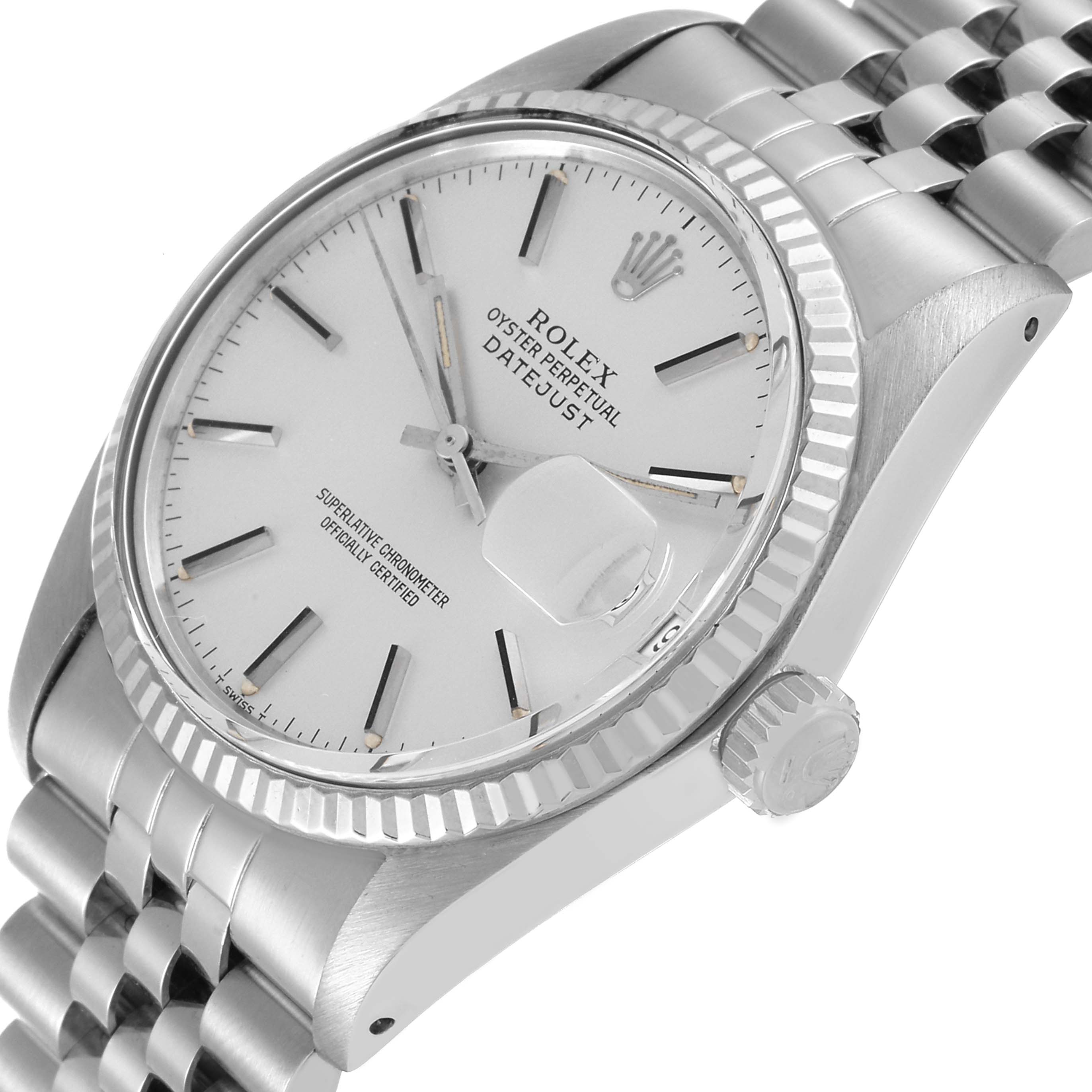 The Rolex Vintage Collection 16014 Men
s Stainless Steel Silver Dial 16014 Men
s Stainless Steel Silver Dial watch is shown from an angled close-up view, highlighting the dial, bezel, and bracelet.