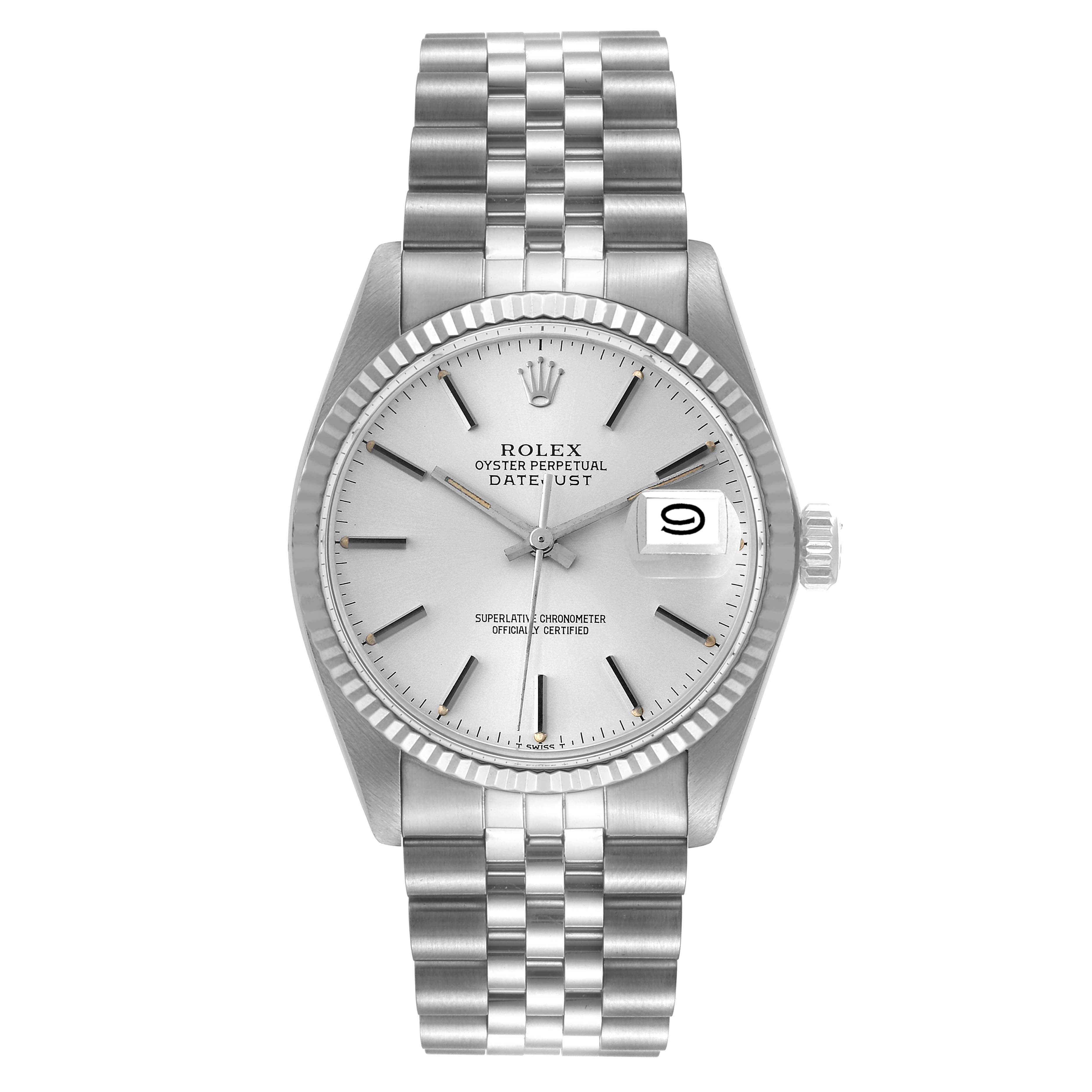 The image shows a Rolex Vintage Collection 16014 Men
s Stainless Steel Silver Dial 16014 Men
s Stainless Steel Silver Dial Oyster Perpetual Datejust watch, displaying the dial, bezel, case, and bracelet from a front angle.