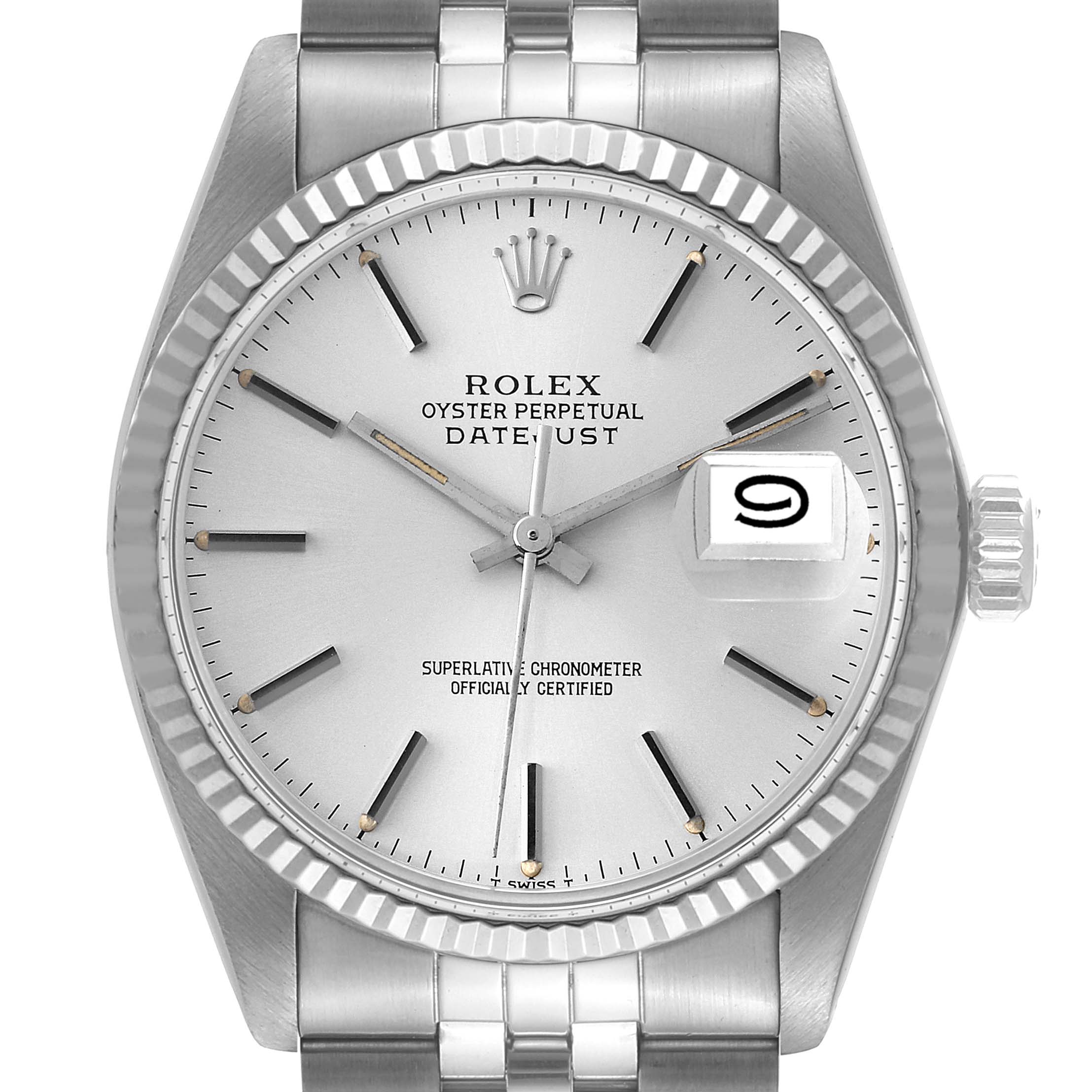 The image shows a frontal view of the Rolex Vintage Collection 16014 Men
s Stainless Steel Silver Dial 16014 Men
s Stainless Steel Silver Dial Datejust model, highlighting the dial and date window.