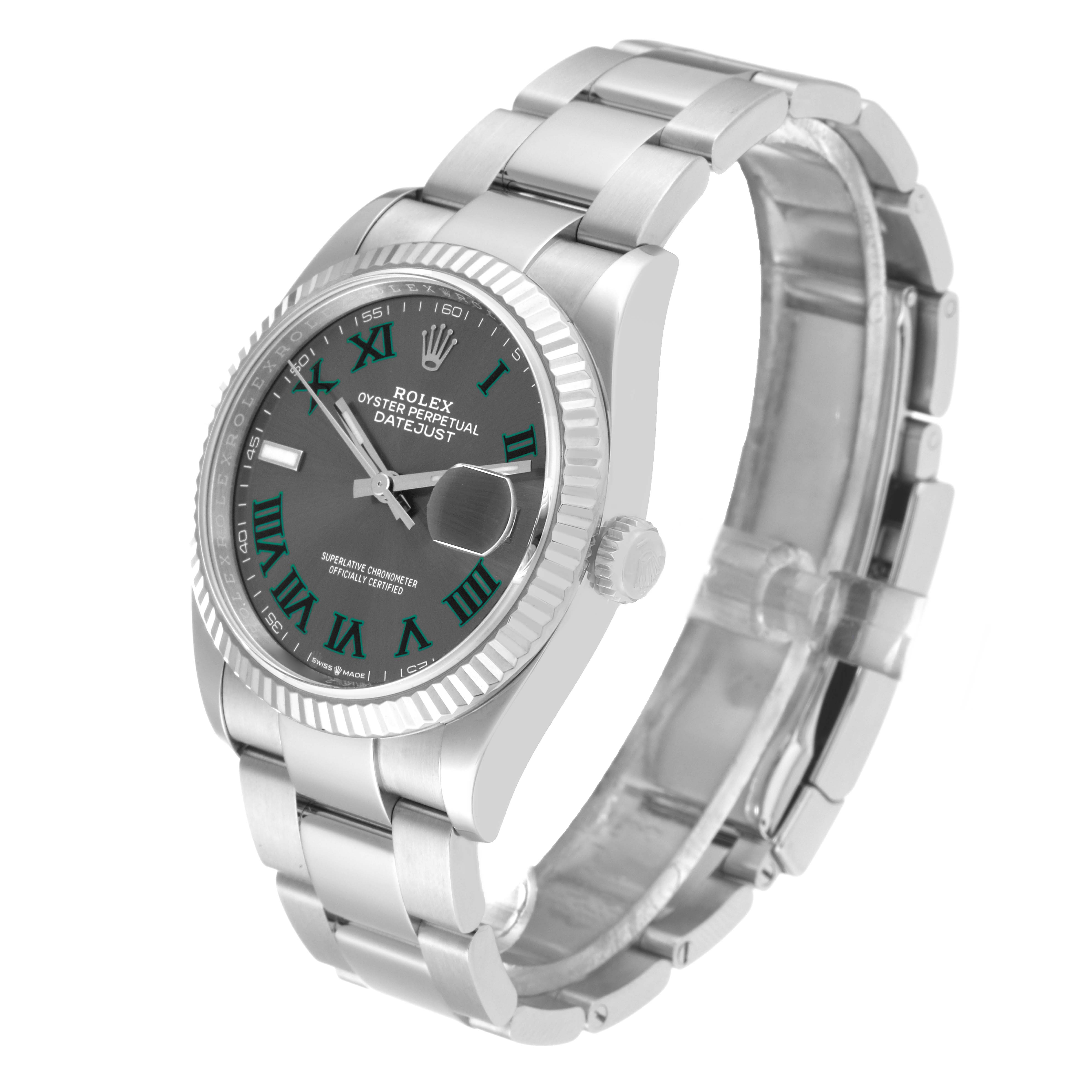 This image shows a Rolex Datejust 126234 Men's Stainless Steel Grey Dial 126234 Men's Stainless Steel Grey Dial watch angled slightly left, featuring the face, bezel, crown, and bracelet.