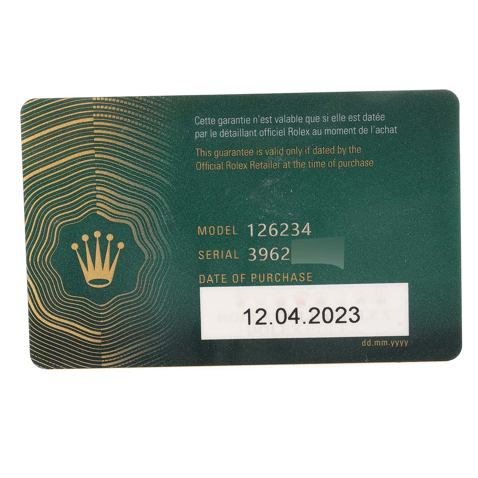 This image shows a Rolex Datejust 126234 Men's Stainless Steel Grey Dial 126234 Men's Stainless Steel Grey Dial model warranty card with the serial number and purchase date.