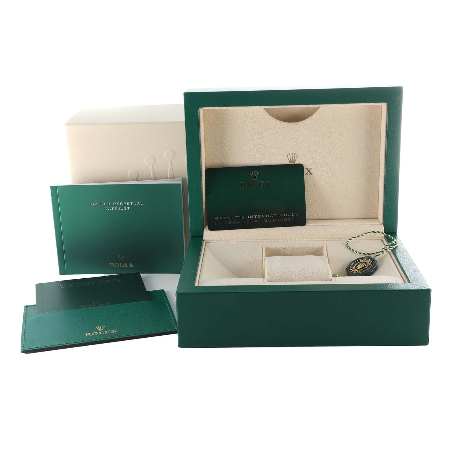 The image shows an open Rolex Datejust 126234 Men's Stainless Steel Grey Dial 126234 Men's Stainless Steel Grey Dial watch box with a guarantee card and user manuals displayed.