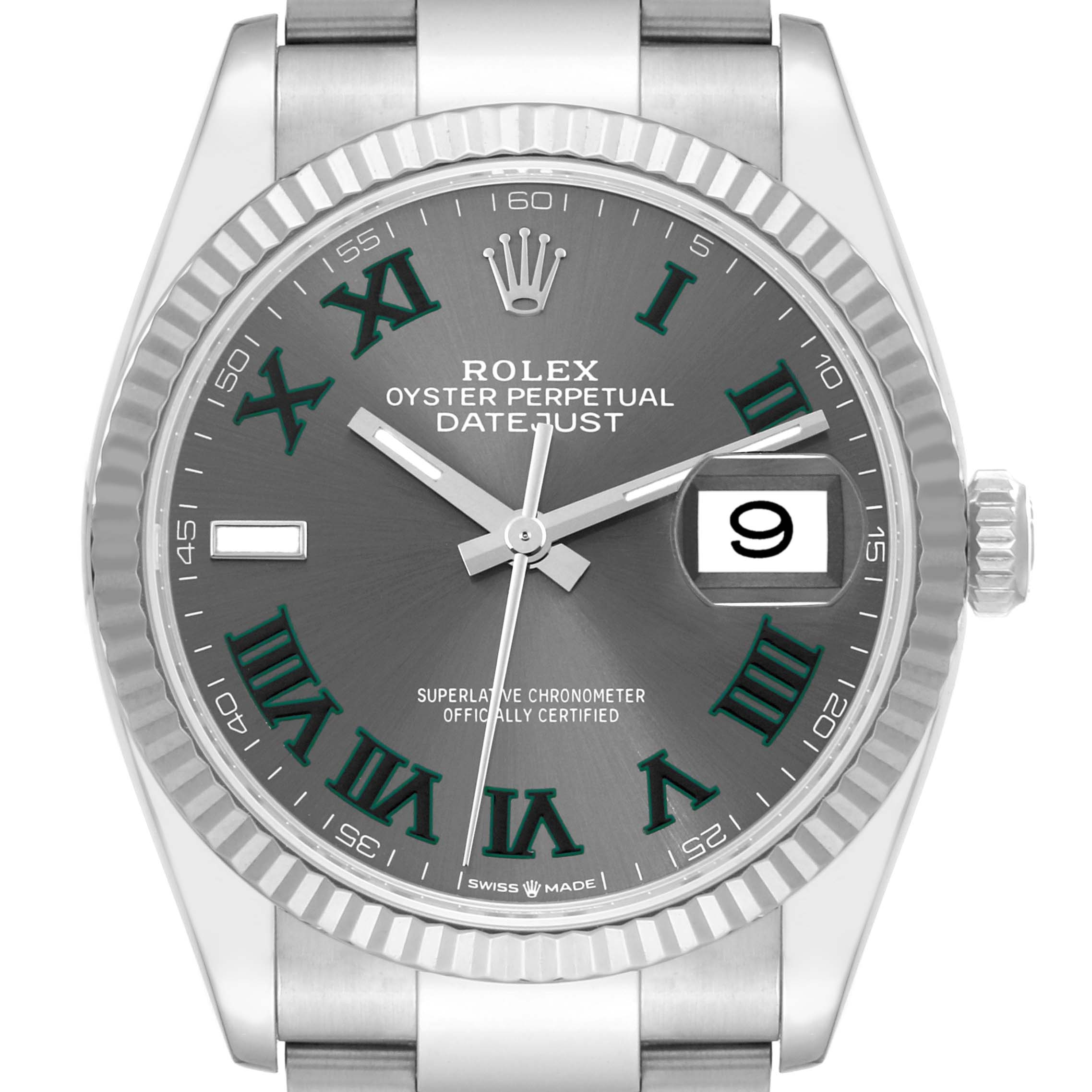 The image shows a front view of the Rolex Datejust 126234 Men's Stainless Steel Grey Dial 126234 Men's Stainless Steel Grey Dial watch, highlighting the dial, hands, date window, and bezel.