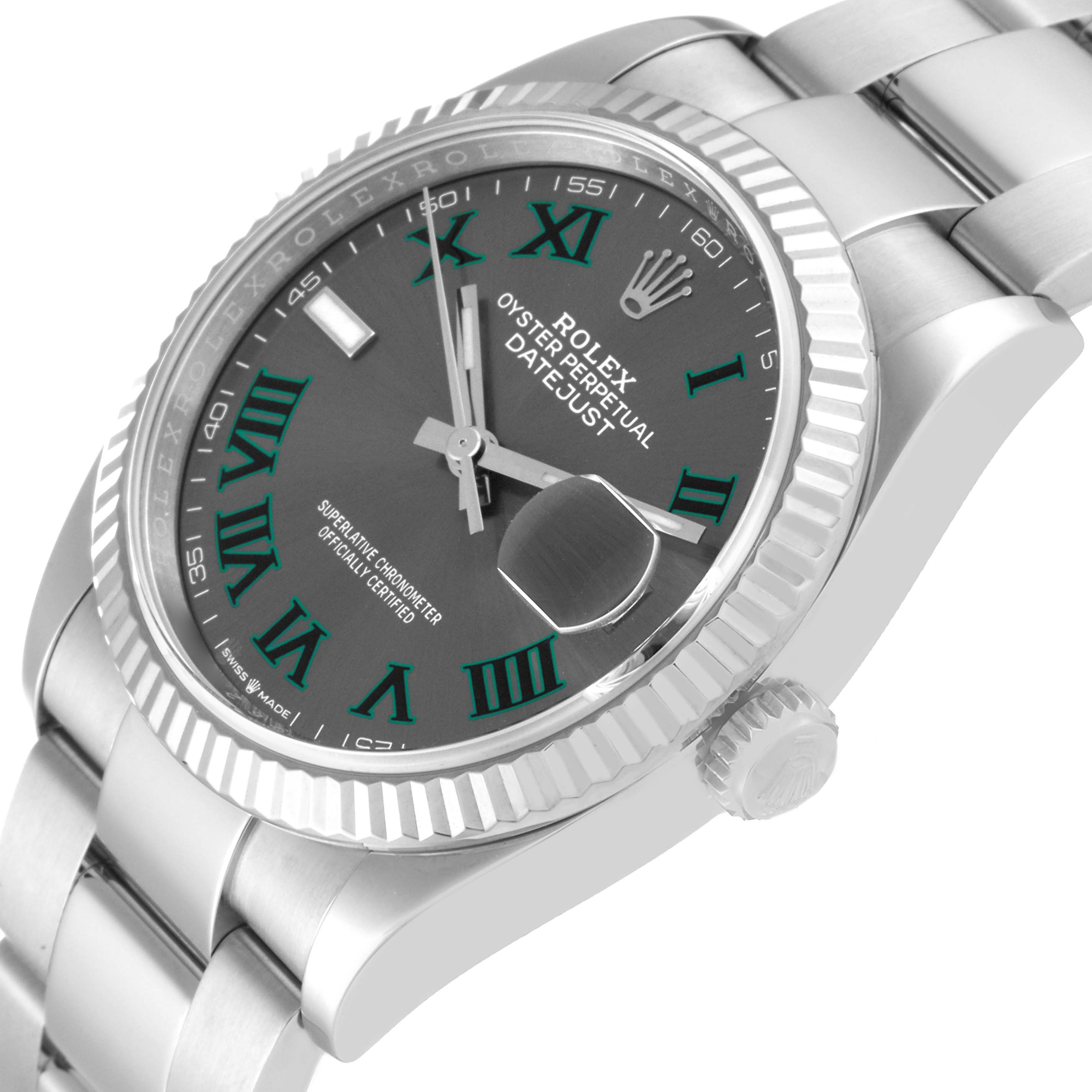 This image shows the Rolex Datejust 126234 Men's Stainless Steel Grey Dial 126234 Men's Stainless Steel Grey Dial watch at a tilted angle highlighting the face, bezel, crown, and part of the bracelet.