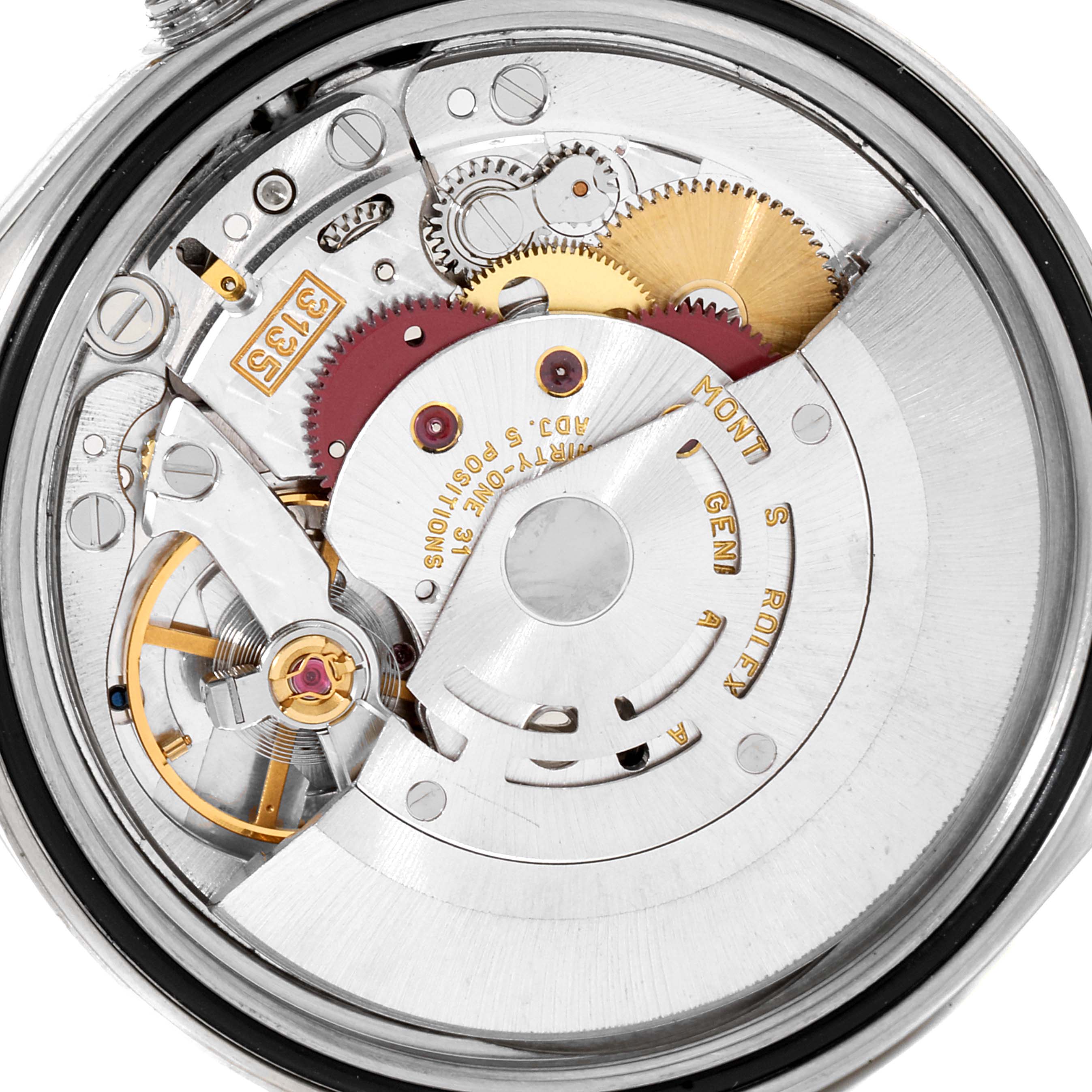 This image shows the inner mechanical movement of the Rolex Datejust 16233 Men's Steel and Gold (two tone) Black Dial 16233 Men's Steel and Gold (two tone) Black Dial watch from a close-up, top-down angle.