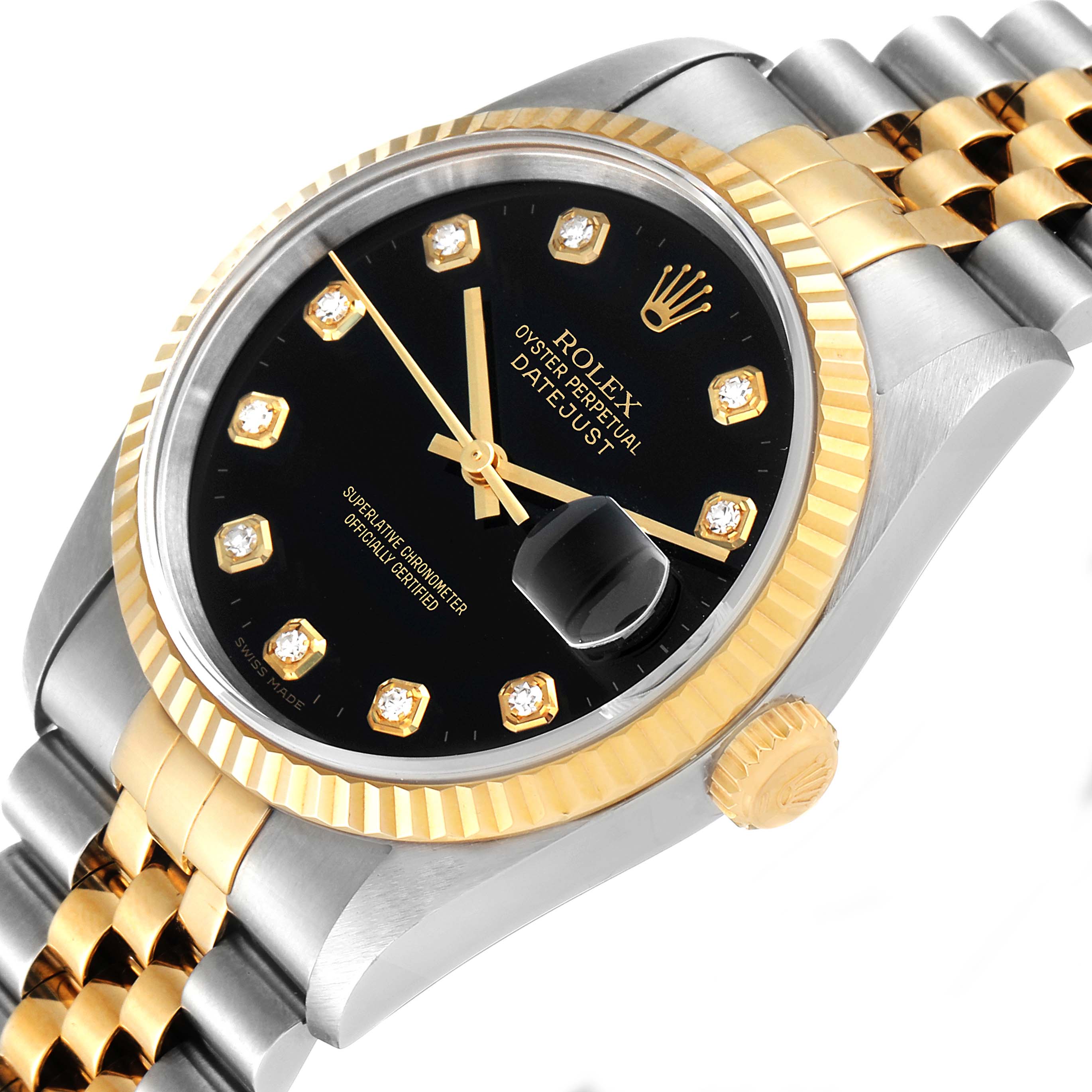 The image shows the Rolex Datejust 16233 Men's Steel and Gold (two tone) Black Dial 16233 Men's Steel and Gold (two tone) Black Dial watch at a slight angle, highlighting the bezel, dial, crown, and jubilee bracelet.