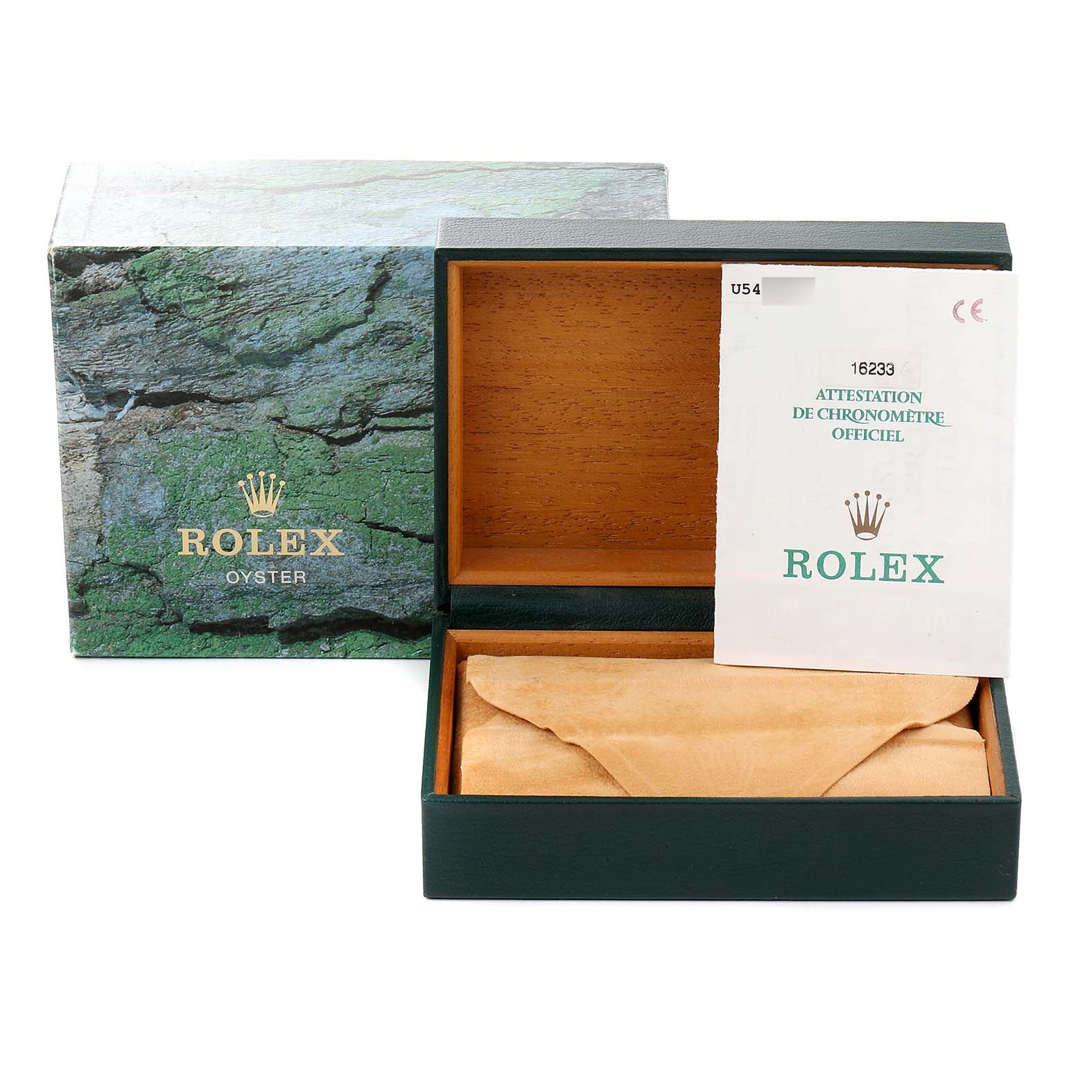 The image shows the packaging and certificate for a Rolex Datejust 16233 Men's Steel and Gold (two tone) Black Dial 16233 Men's Steel and Gold (two tone) Black Dial, including the outer box, inner box, and a certification document.