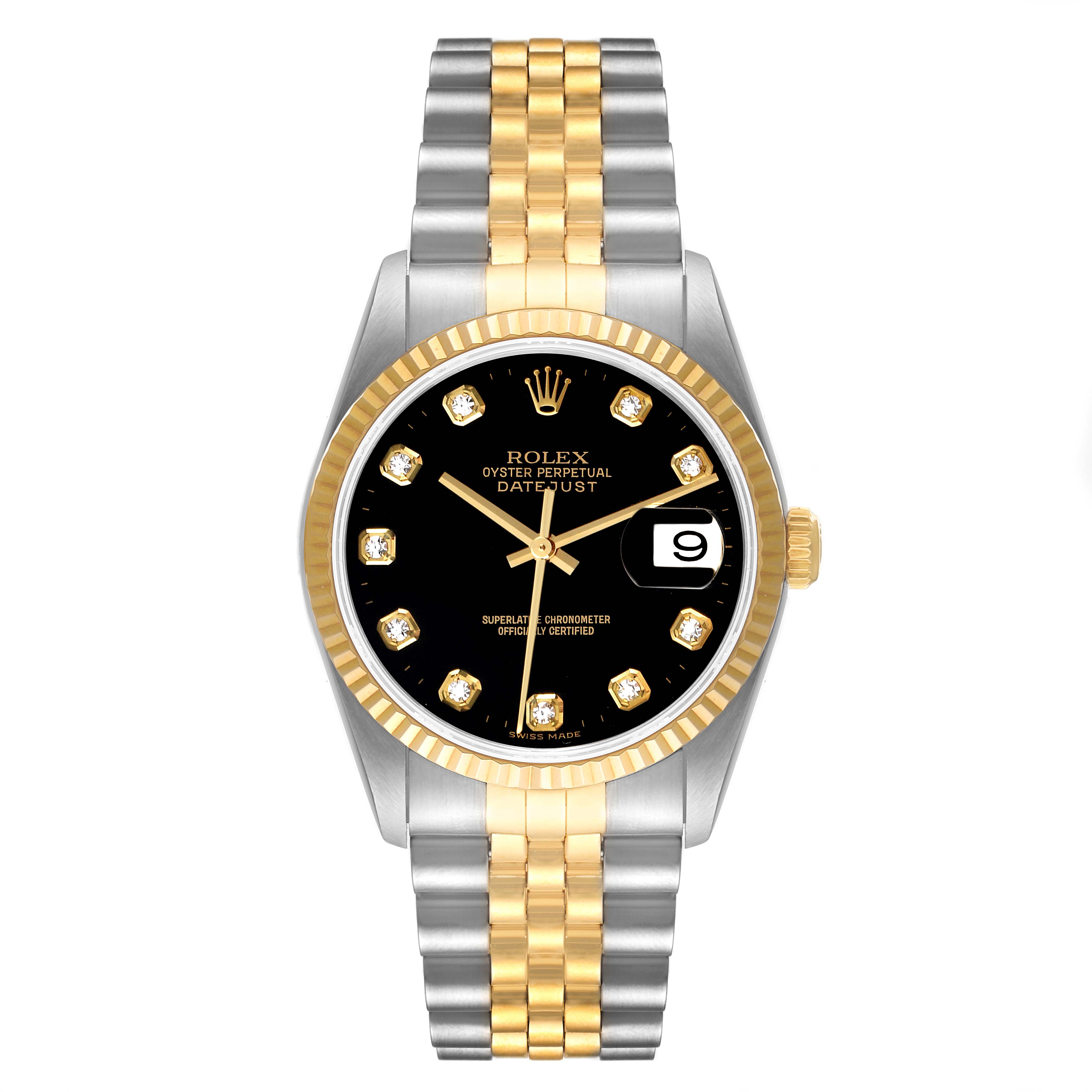 The image shows a front view of a Rolex Datejust 16233 Men's Steel and Gold (two tone) Black Dial 16233 Men's Steel and Gold (two tone) Black Dial watch with a black dial, gold bezel, and a two-tone metal bracelet.
