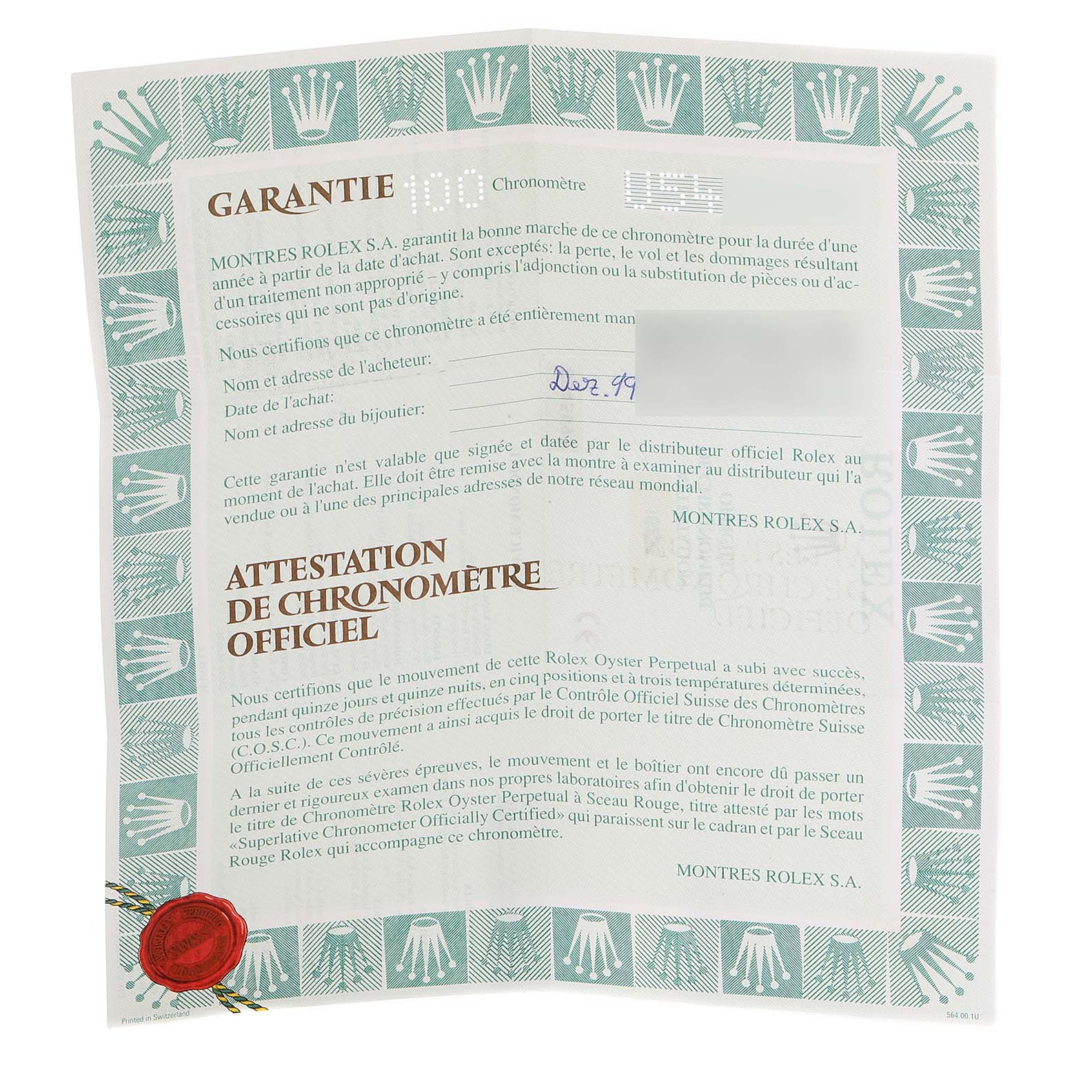 The image shows a certificate of authenticity and warranty for a Rolex Datejust 16233 Men's Steel and Gold (two tone) Black Dial 16233 Men's Steel and Gold (two tone) Black Dial watch.