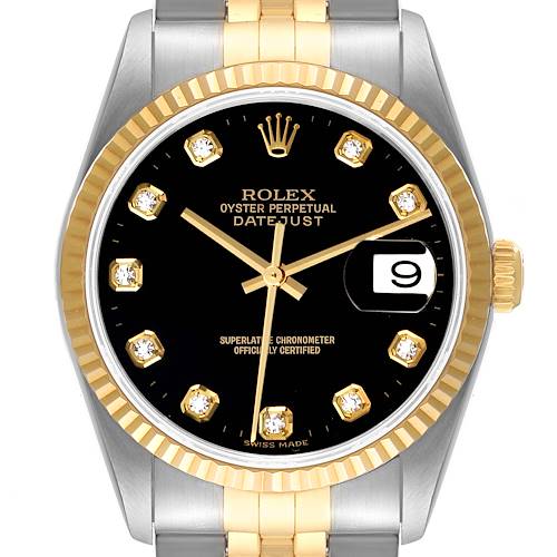 Photo of Rolex Datejust Steel Yellow Gold Black Diamond Dial Watch 16233 Box Papers