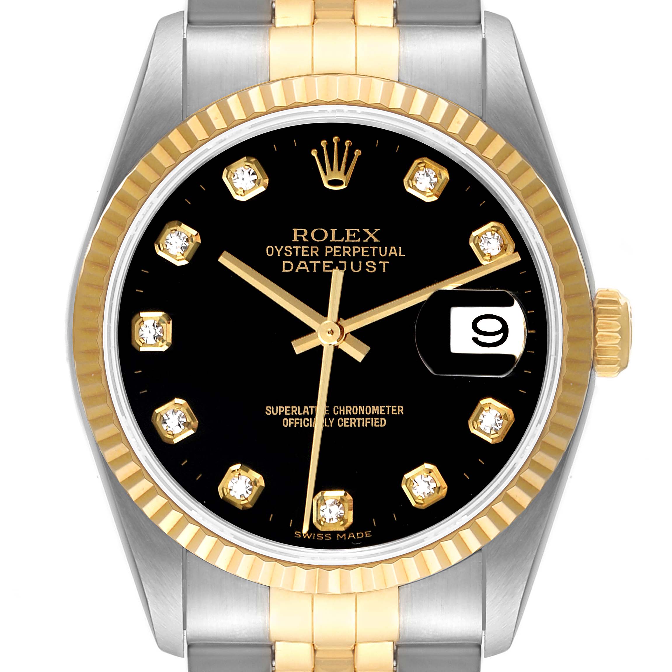This image shows the front view of a Rolex Datejust 16233 Men's Steel and Gold (two tone) Black Dial 16233 Men's Steel and Gold (two tone) Black Dial watch, featuring the black dial, gold markers, and date display.