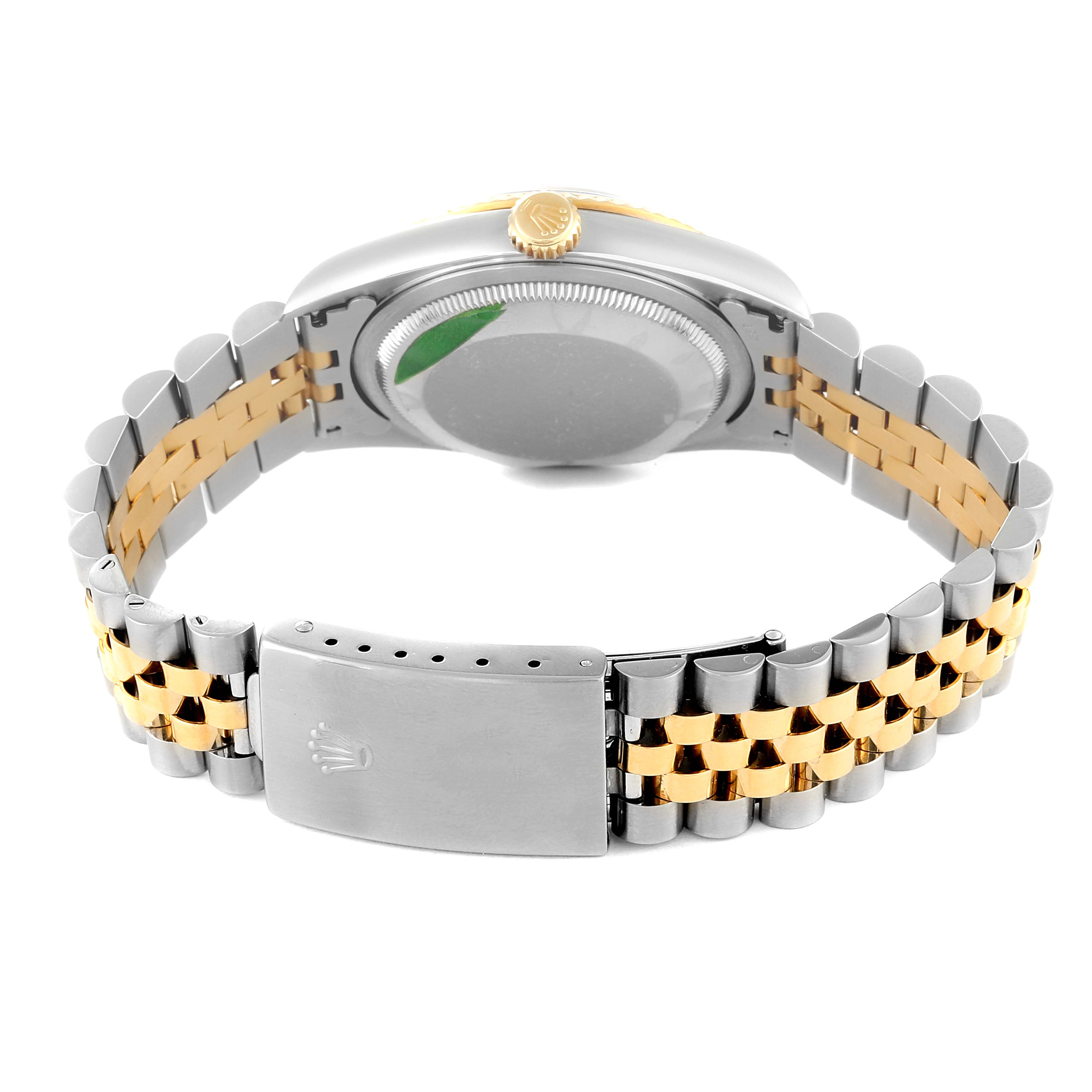 The image shows the back of the Rolex Datejust 16233 Men's Steel and Gold (two tone) Black Dial 16233 Men's Steel and Gold (two tone) Black Dial watch, focusing on the clasp, bracelet, and case back.