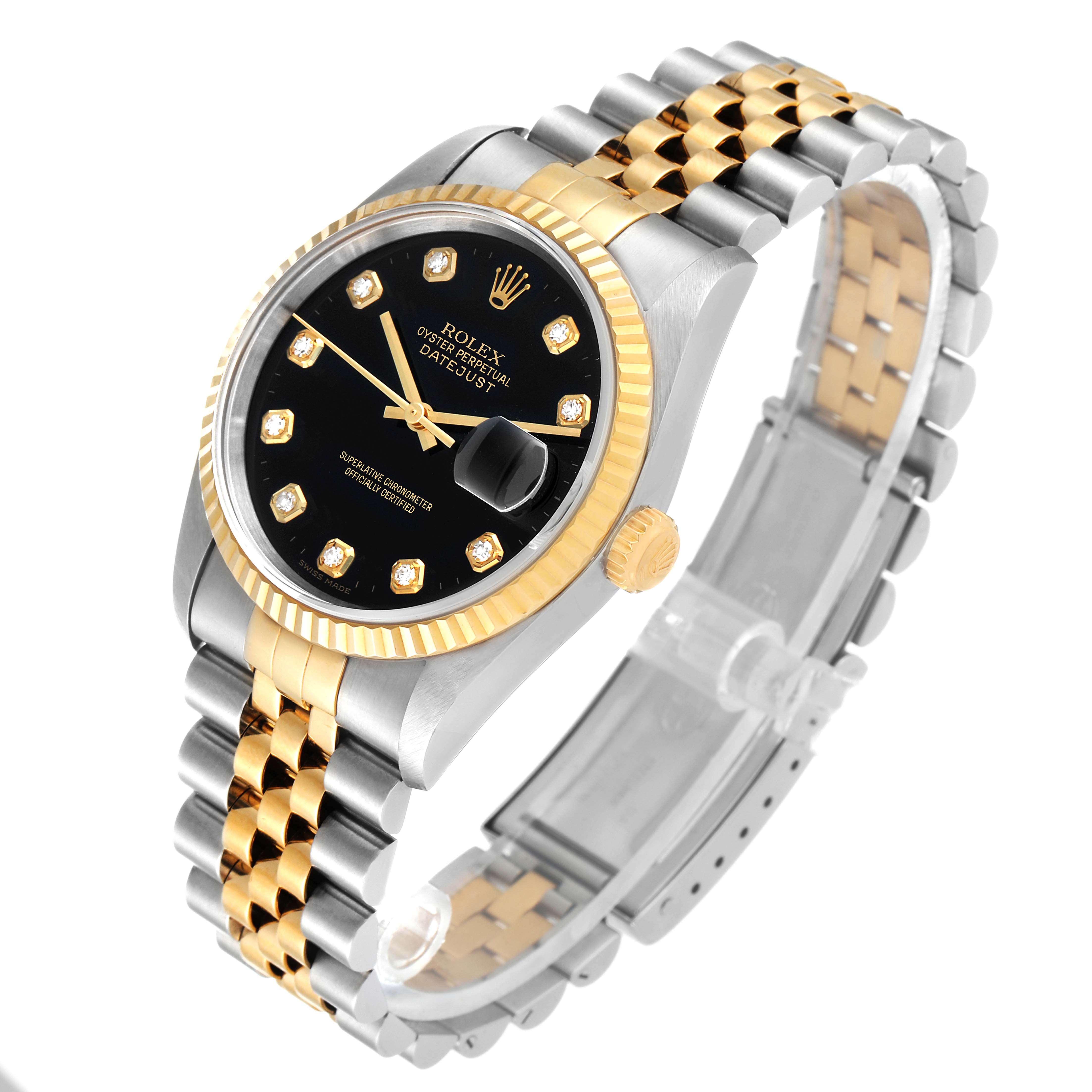 The Rolex Datejust 16233 Men's Steel and Gold (two tone) Black Dial 16233 Men's Steel and Gold (two tone) Black Dial watch is shown at an angle, highlighting its black dial, gold fluted bezel, and two-tone bracelet.
