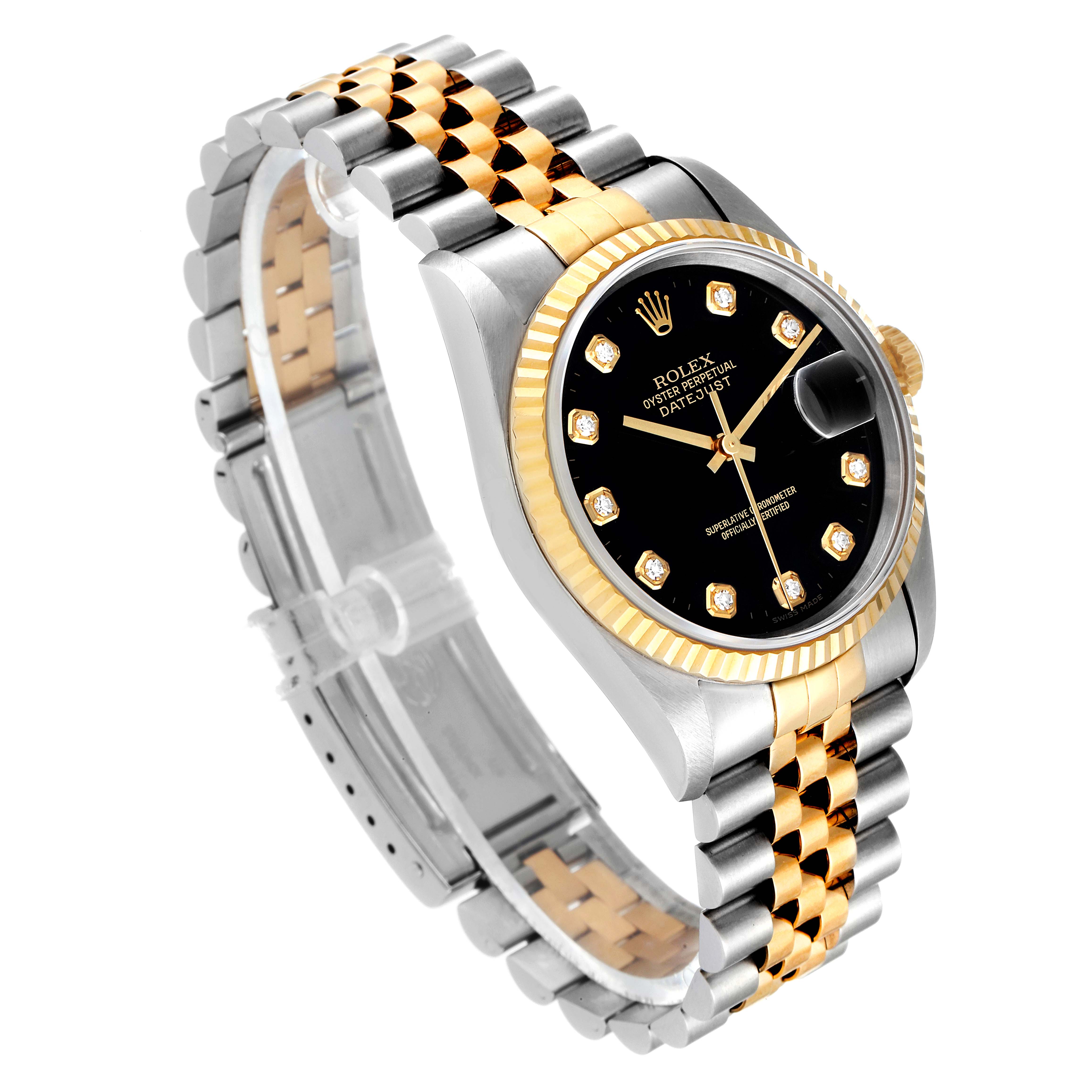 The Datejust Rolex watch is shown at a three-quarter angle, highlighting its black dial, diamond hour markers, and two-tone bracelet.