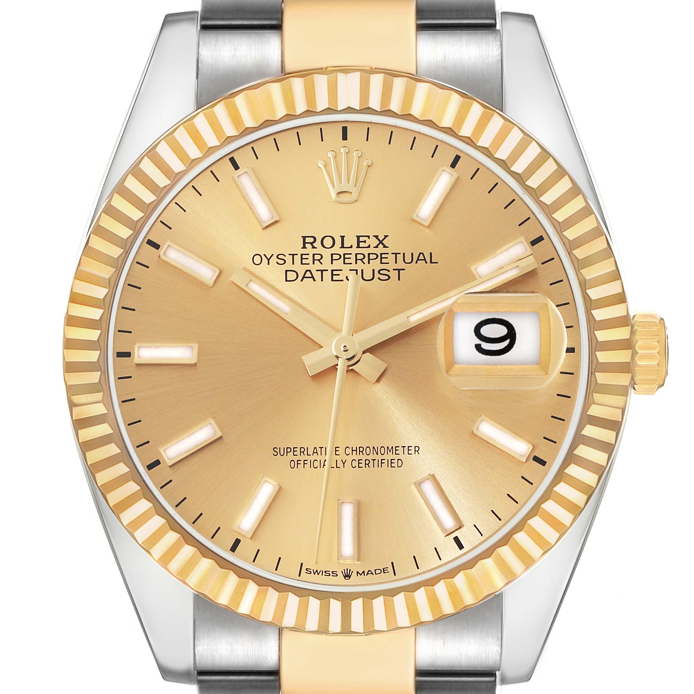 This is a front view of a Rolex Datejust 126233 Men's Steel and Gold (two tone) Champagne Dial 126233 Men's Steel and Gold (two tone) Champagne Dial watch showing its dial, hands, date window, and part of the bracelet.