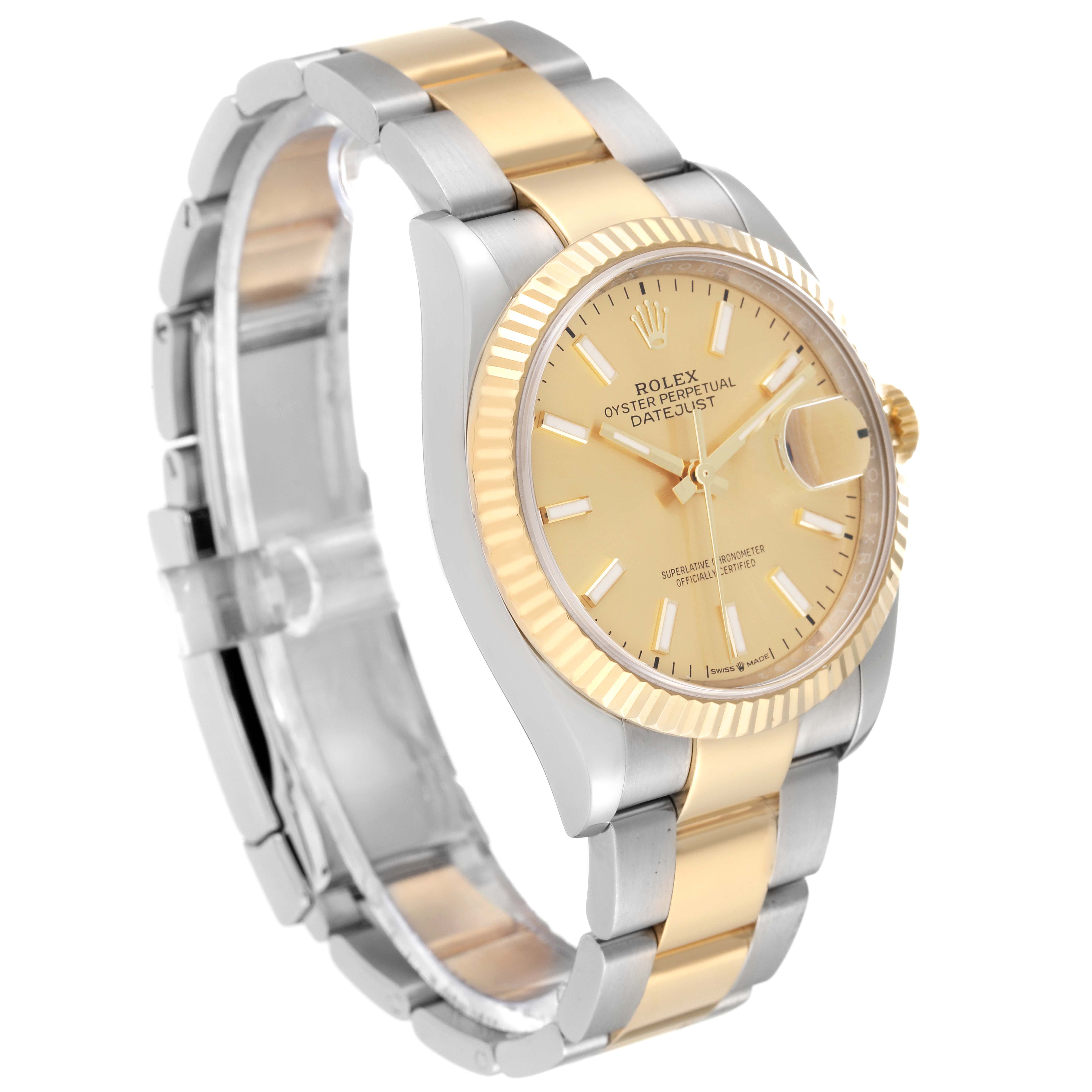 The image shows a side-angle view of a Rolex Datejust 126233 Men's Steel and Gold (two tone) Champagne Dial 126233 Men's Steel and Gold (two tone) Champagne Dial watch, highlighting its golden dial, fluted bezel, and two-tone bracelet.