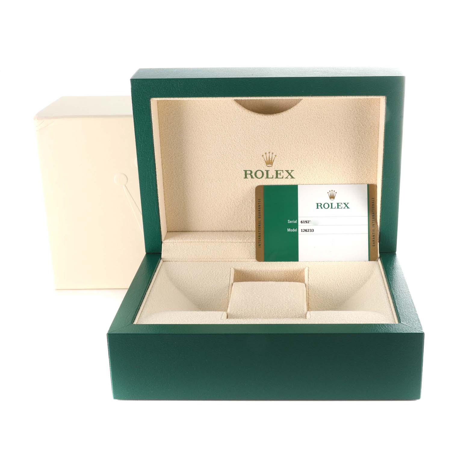The image shows a Rolex Datejust 126233 Men's Steel and Gold (two tone) Champagne Dial 126233 Men's Steel and Gold (two tone) Champagne Dial watch box and warranty card from a front angle.
