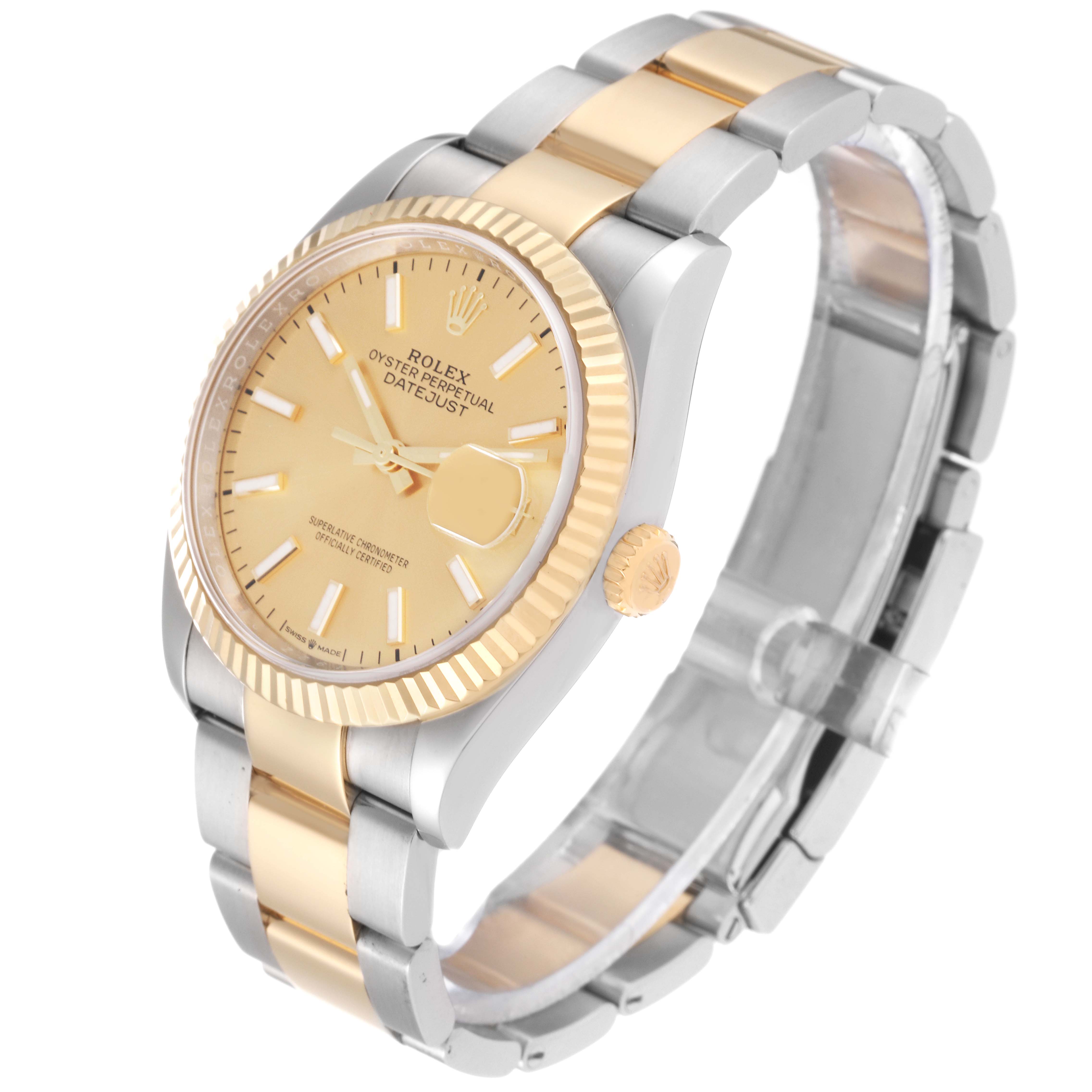 This image shows the front and side view of a Rolex Datejust 126233 Men's Steel and Gold (two tone) Champagne Dial 126233 Men's Steel and Gold (two tone) Champagne Dial watch, highlighting its gold bezel, dial, and two-tone bracelet.