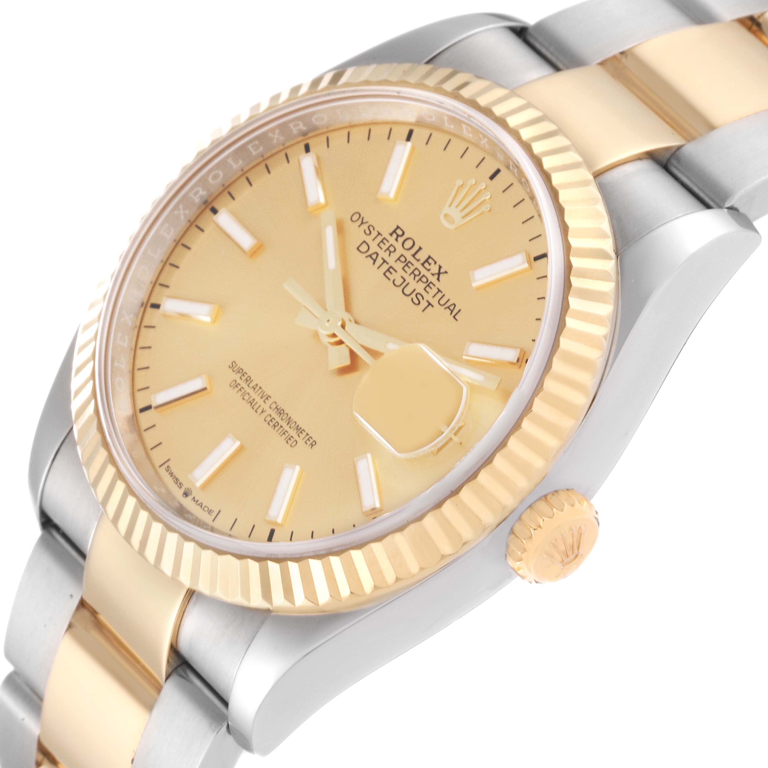 The image shows a side angle of a Rolex Datejust 126233 Men's Steel and Gold (two tone) Champagne Dial 126233 Men's Steel and Gold (two tone) Champagne Dial watch, highlighting its face, bezel, crown, and part of the bracelet.