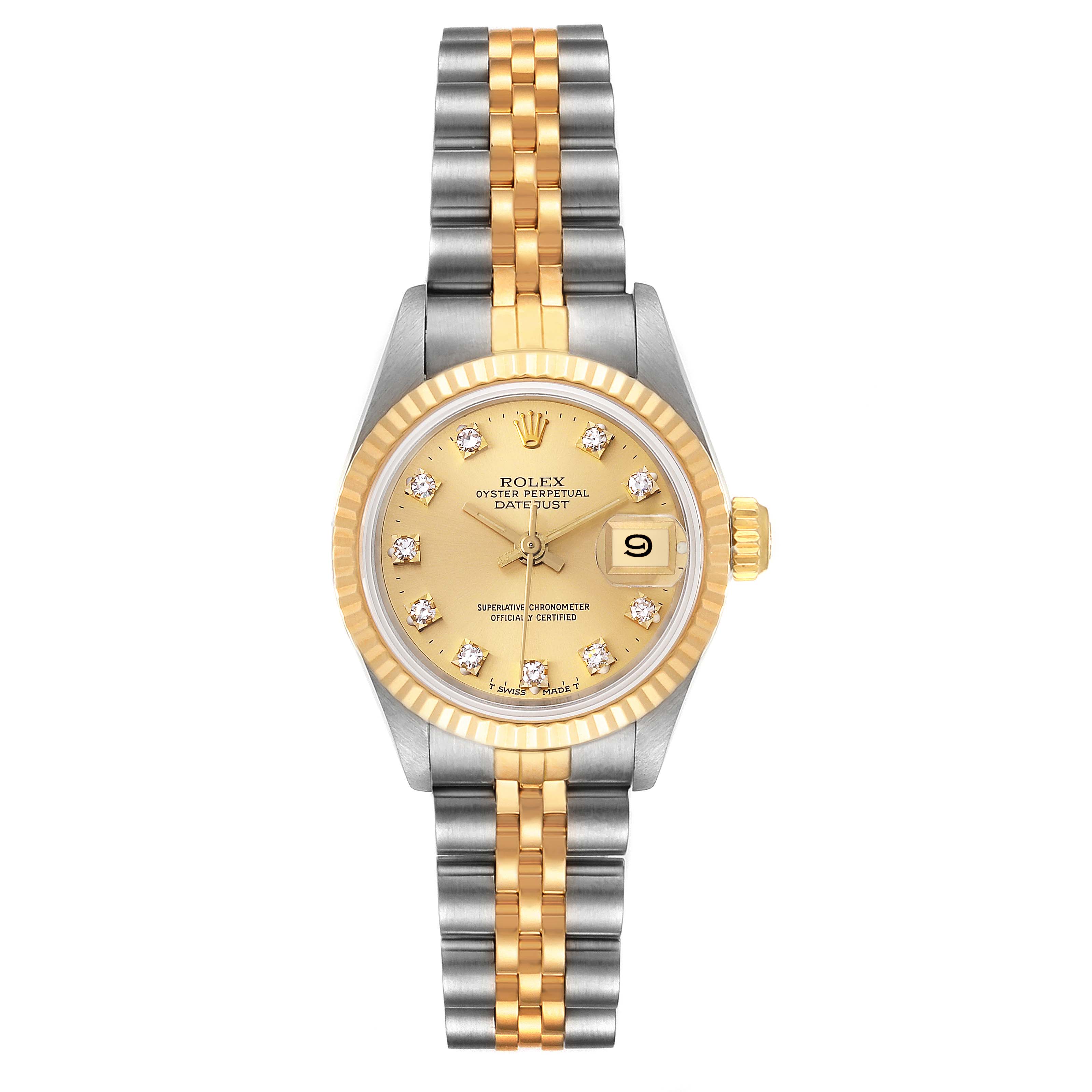 This image shows a front view of the Rolex Datejust 69173 Women's Steel and Gold (two tone) Champagne Dial 69173 Women's Steel and Gold (two tone) Champagne Dial watch, featuring a two-tone bracelet, a gold bezel, and a diamond-set dial.