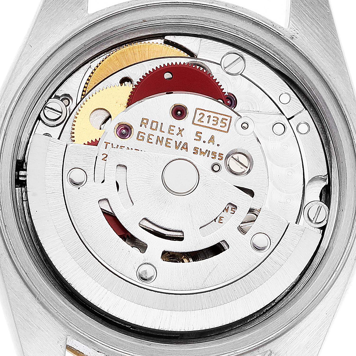 This image shows the back angle of the Rolex Datejust 69173 Women's Steel and Gold (two tone) Champagne Dial 69173 Women's Steel and Gold (two tone) Champagne Dial watch, revealing its intricate movement and internal gears.