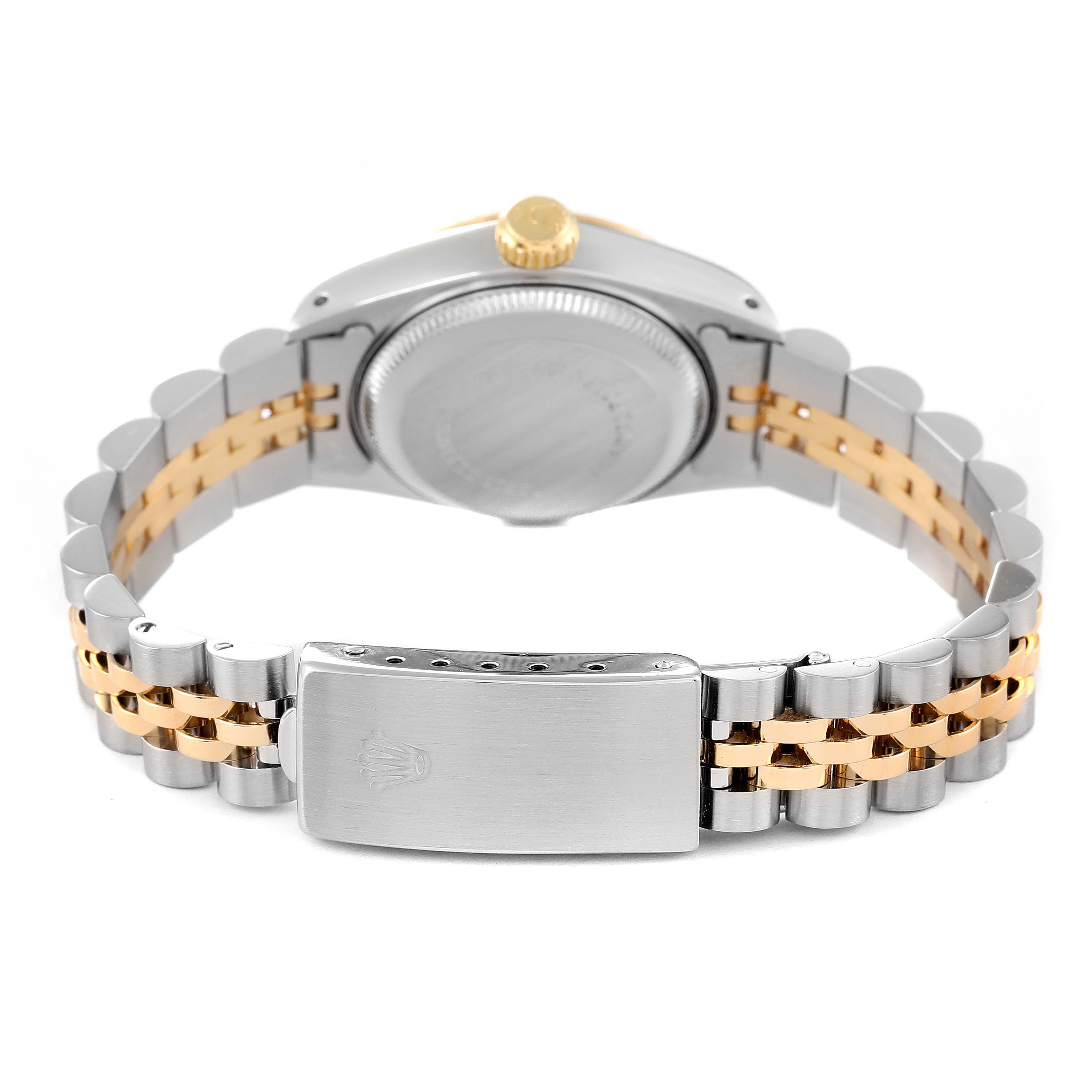The image shows the back case and bracelet clasp of a Rolex Datejust 69173 Women's Steel and Gold (two tone) Champagne Dial 69173 Women's Steel and Gold (two tone) Champagne Dial watch, highlighting its two-tone metal design.