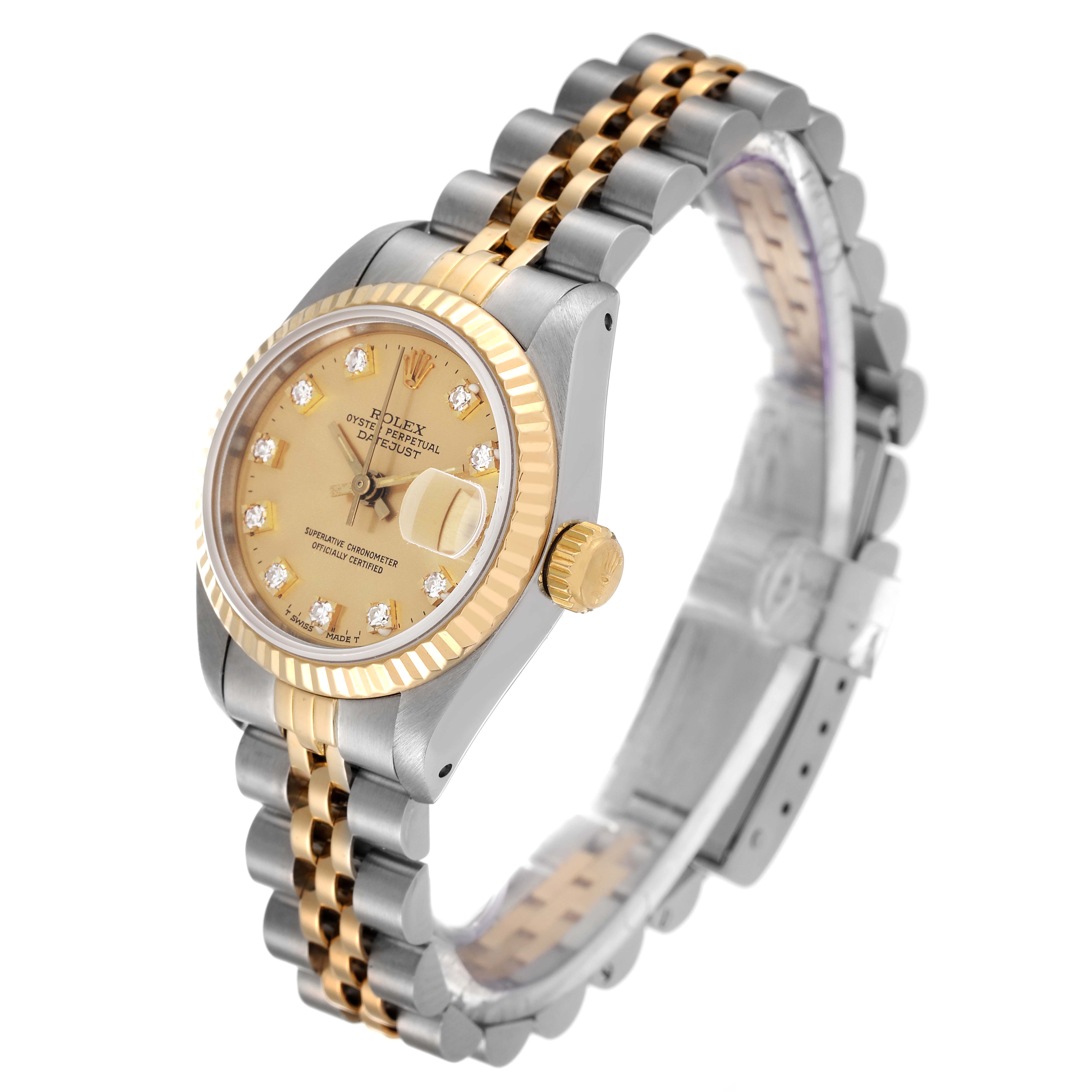 The Rolex Datejust 69173 Women's Steel and Gold (two tone) Champagne Dial 69173 Women's Steel and Gold (two tone) Champagne Dial watch is shown at a raised angle, highlighting the dial, bezel, crown, and two-tone bracelet.
