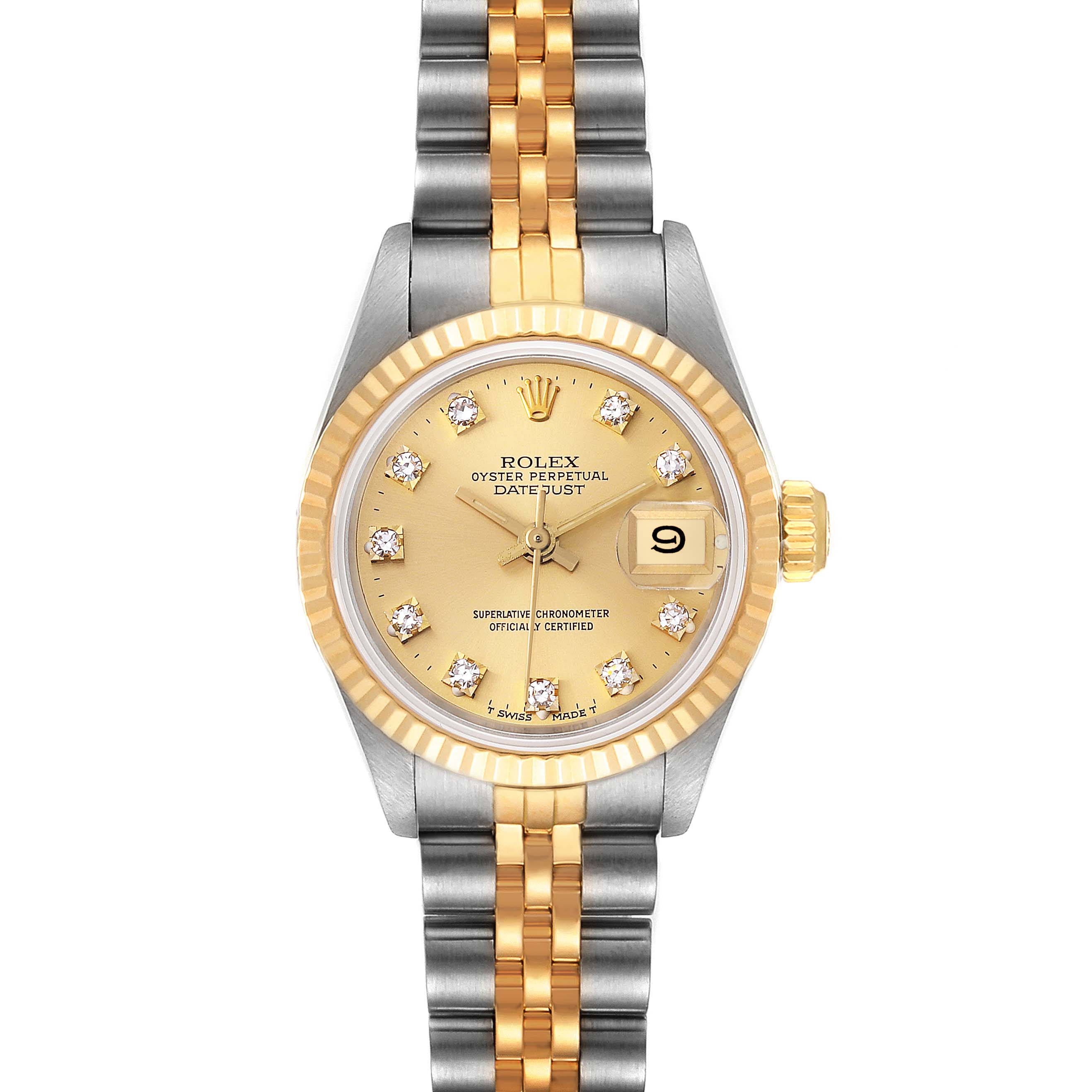 This is a front view of a Rolex Datejust 69173 Women's Steel and Gold (two tone) Champagne Dial 69173 Women's Steel and Gold (two tone) Champagne Dial watch, showcasing its gold and silver Jubilee bracelet, fluted bezel, and champagne dial.