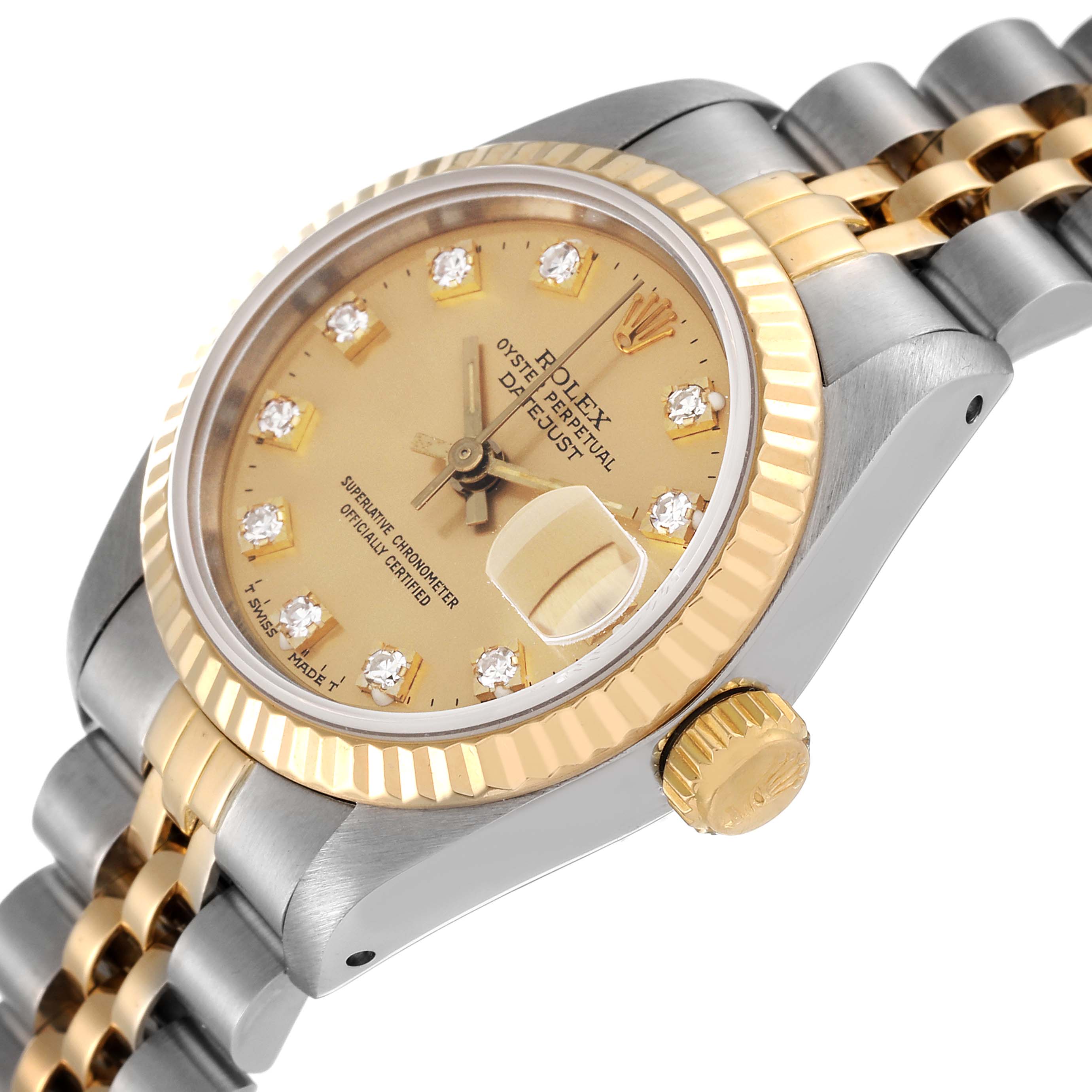 The Rolex Datejust 69173 Women's Steel and Gold (two tone) Champagne Dial 69173 Women's Steel and Gold (two tone) Champagne Dial watch is shown in a close-up angle, highlighting the bezel, dial, crown, and part of the bracelet.