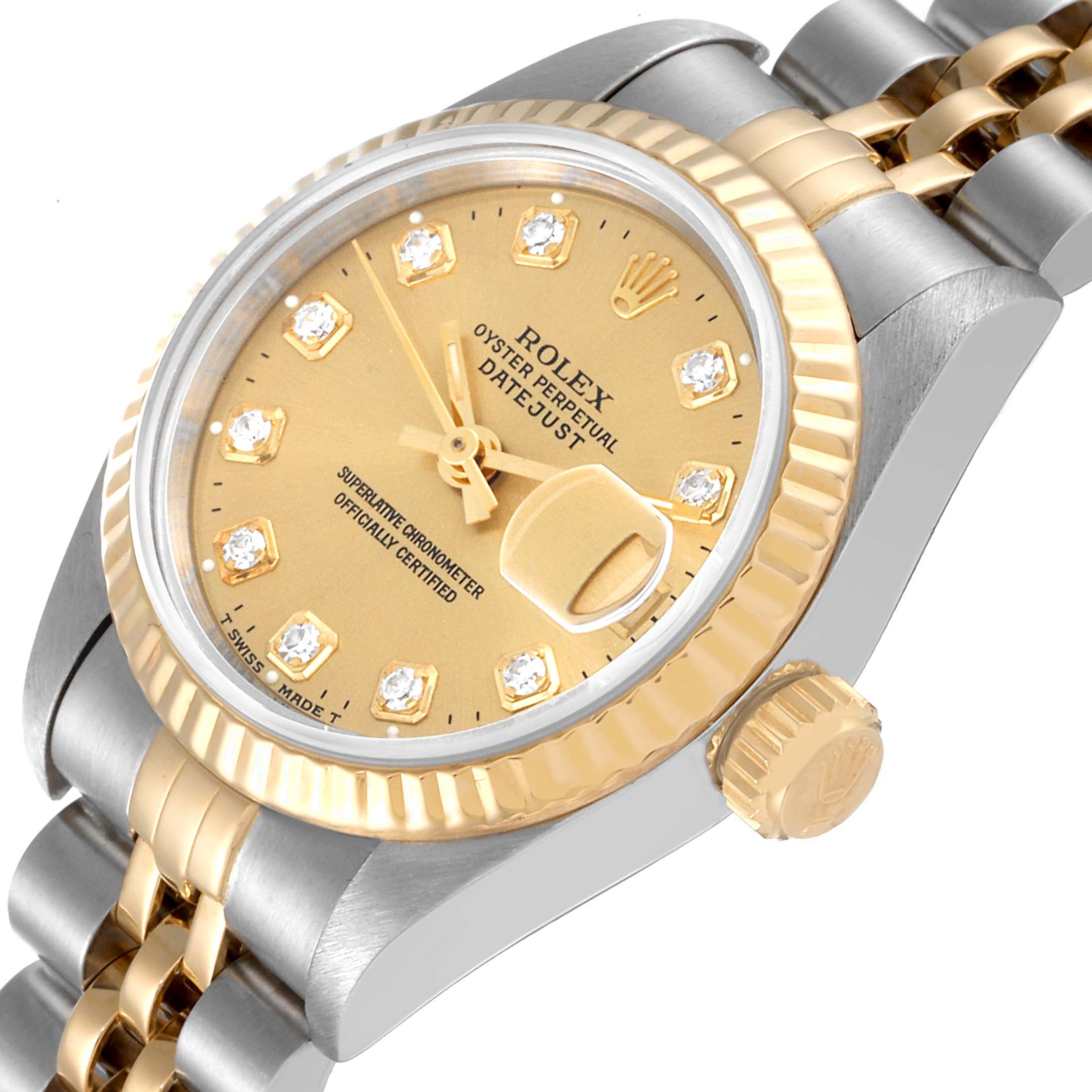 The image shows a close-up angled view of the Rolex Datejust 69173 Women's Steel and Gold (two tone) Champagne Dial 69173 Women's Steel and Gold (two tone) Champagne Dial watch, highlighting the dial, bezel, crown, and part of the bracelet.