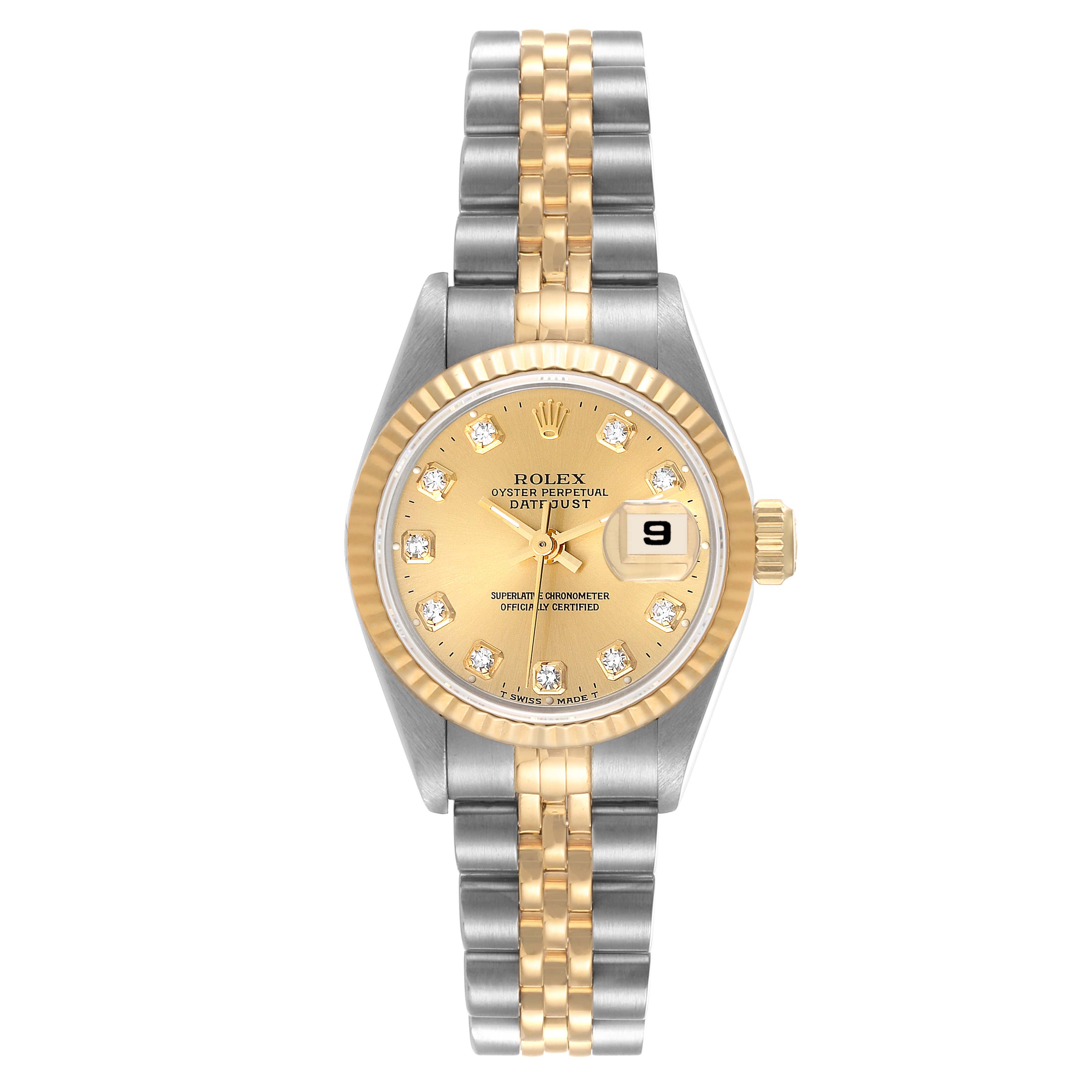 The image shows a Rolex Datejust 69173 Women's Steel and Gold (two tone) Champagne Dial 69173 Women's Steel and Gold (two tone) Champagne Dial watch from a top-down view, highlighting its two-tone bracelet and diamond markers on the dial.