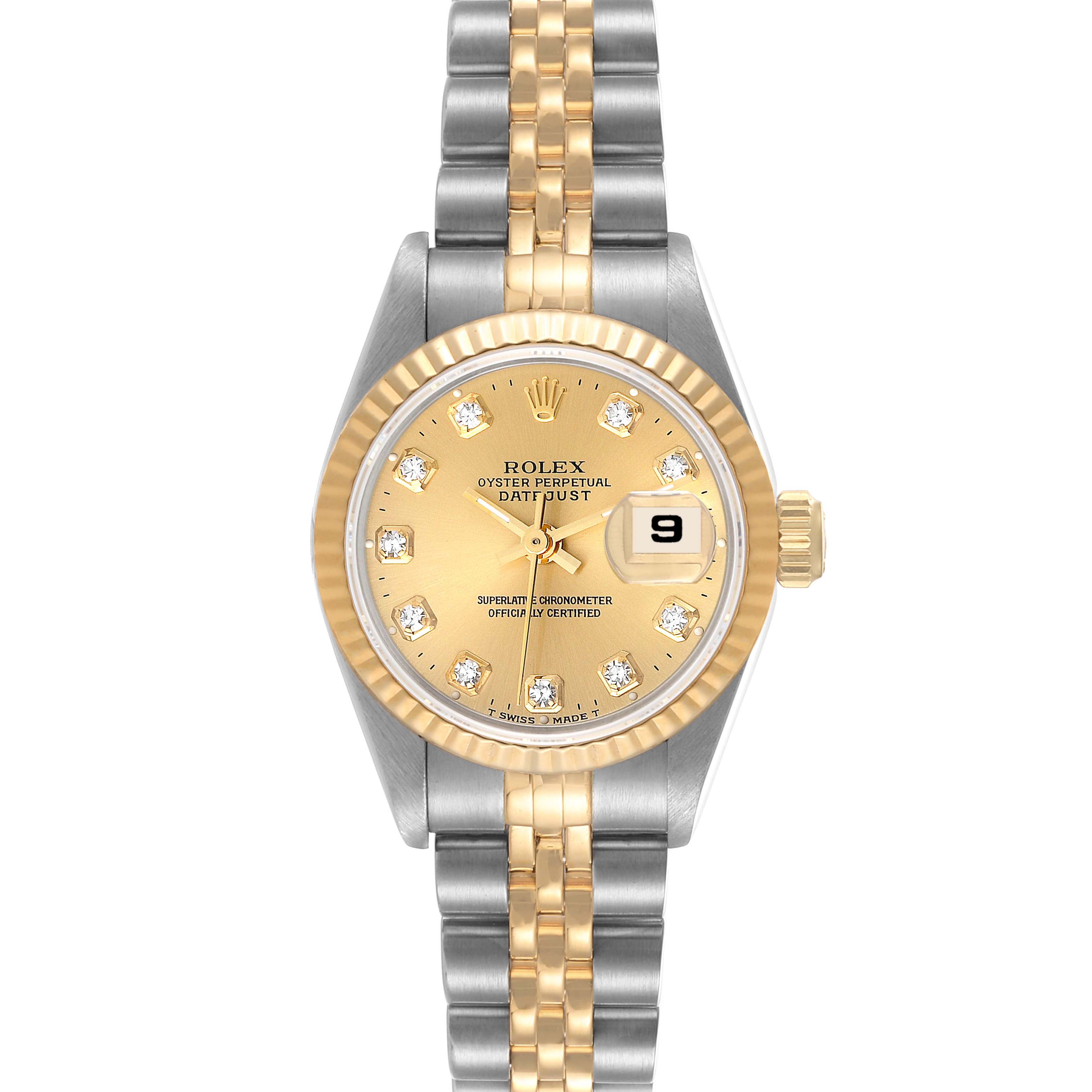 This Rolex Datejust 69173 Women's Steel and Gold (two tone) Champagne Dial 69173 Women's Steel and Gold (two tone) Champagne Dial watch is shown in a straight-on angle, displaying its gold-tone dial, two-tone bracelet, and date window at 3 o'clock.