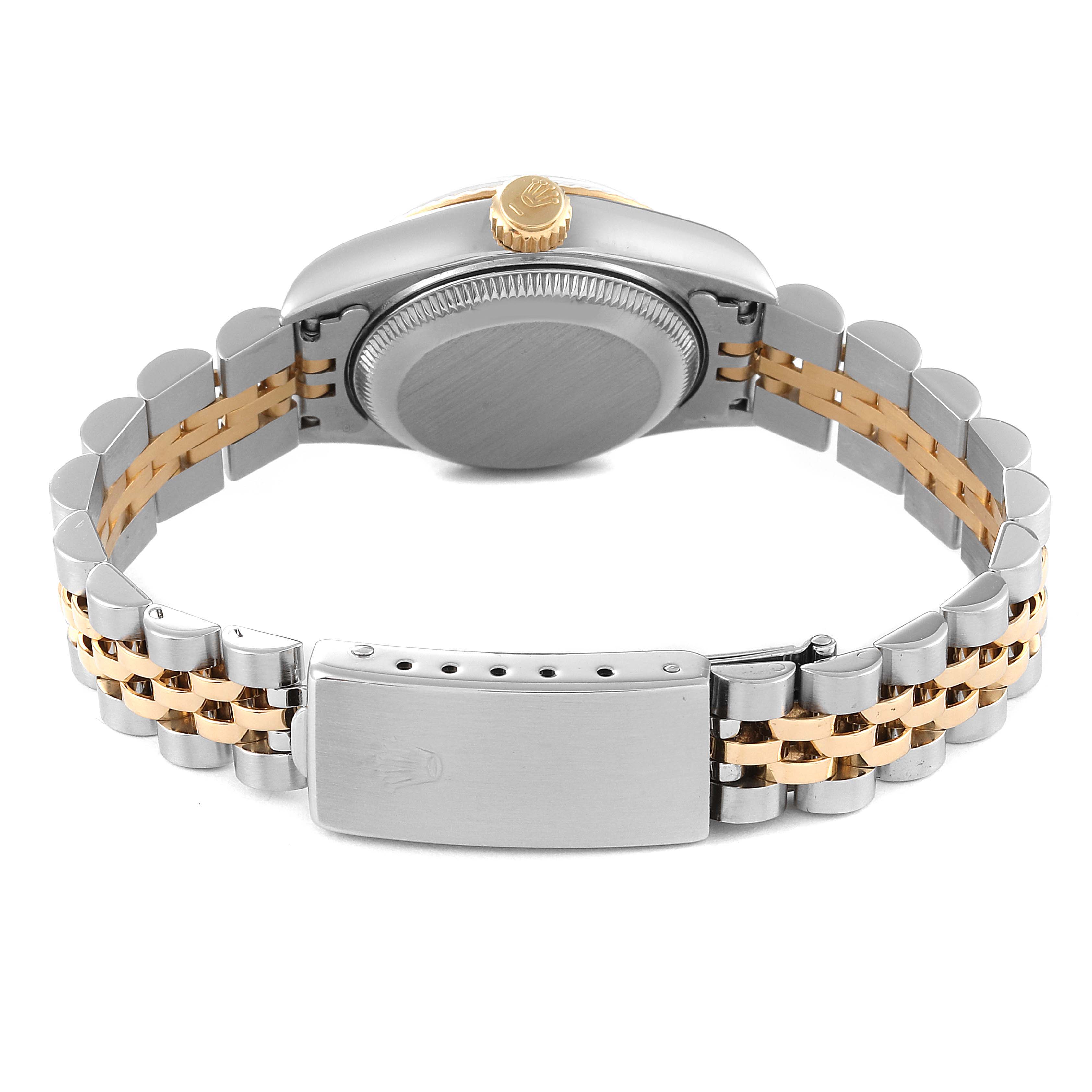 This image shows the back view of a Rolex Datejust 69173 Women's Steel and Gold (two tone) Champagne Dial 69173 Women's Steel and Gold (two tone) Champagne Dial watch, highlighting the bracelet and clasp.