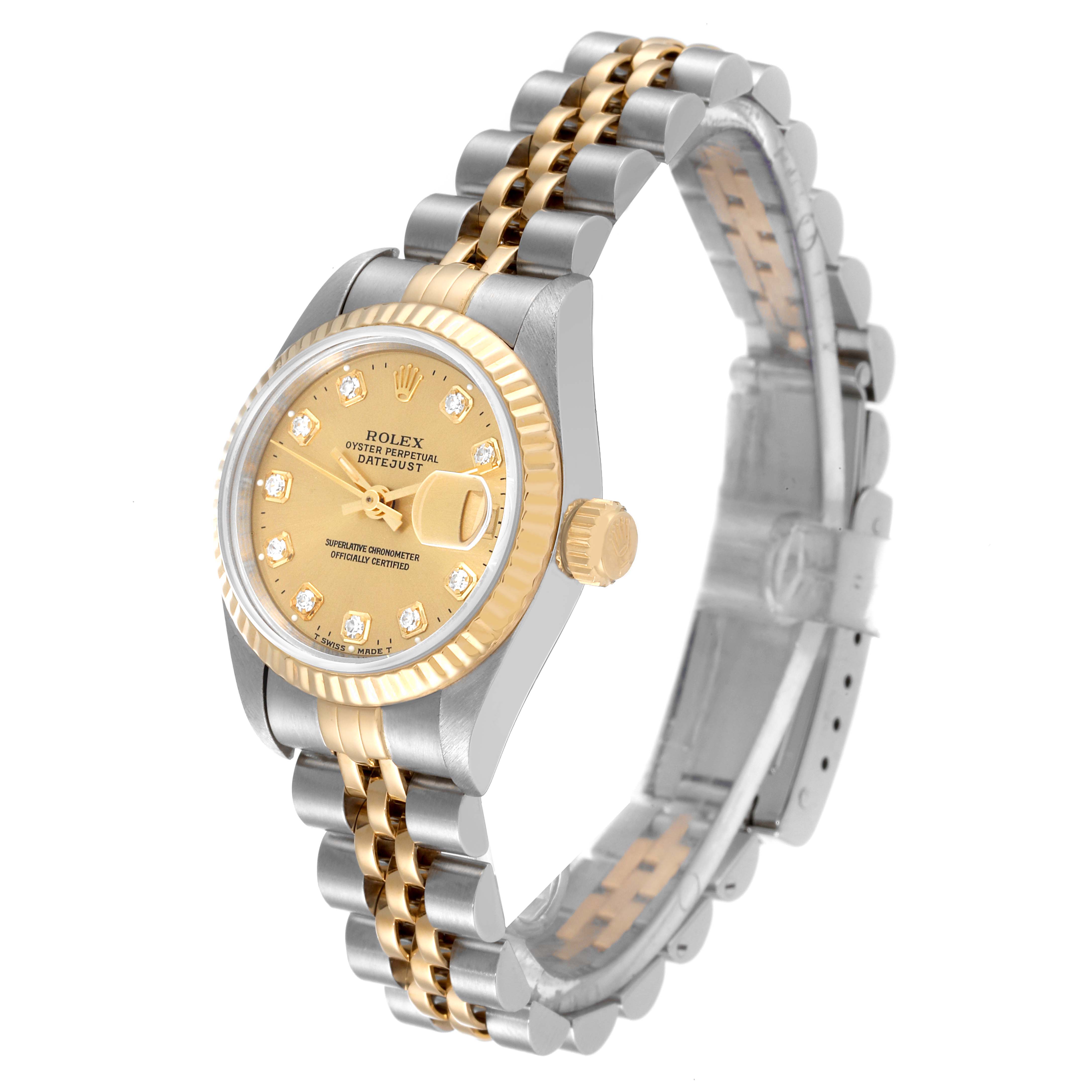 The image shows a Rolex Datejust 69173 Women's Steel and Gold (two tone) Champagne Dial 69173 Women's Steel and Gold (two tone) Champagne Dial watch at a slight angle, highlighting the face, bezel, crown, and two-tone bracelet.
