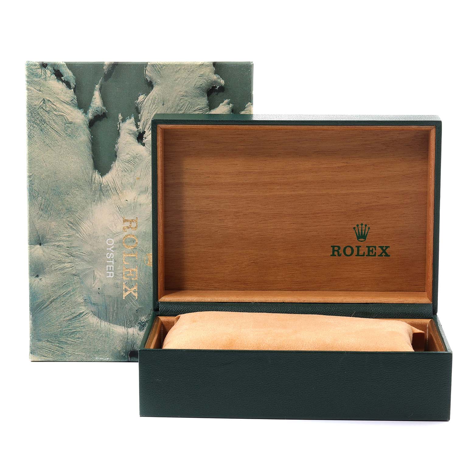 The image shows an open Rolex Datejust 16233 Men's Steel and Gold (two tone) Champagne Dial 16233 Men's Steel and Gold (two tone) Champagne Dial watch box with the lid raised, revealing the interior wooden compartment and a suede cushion.