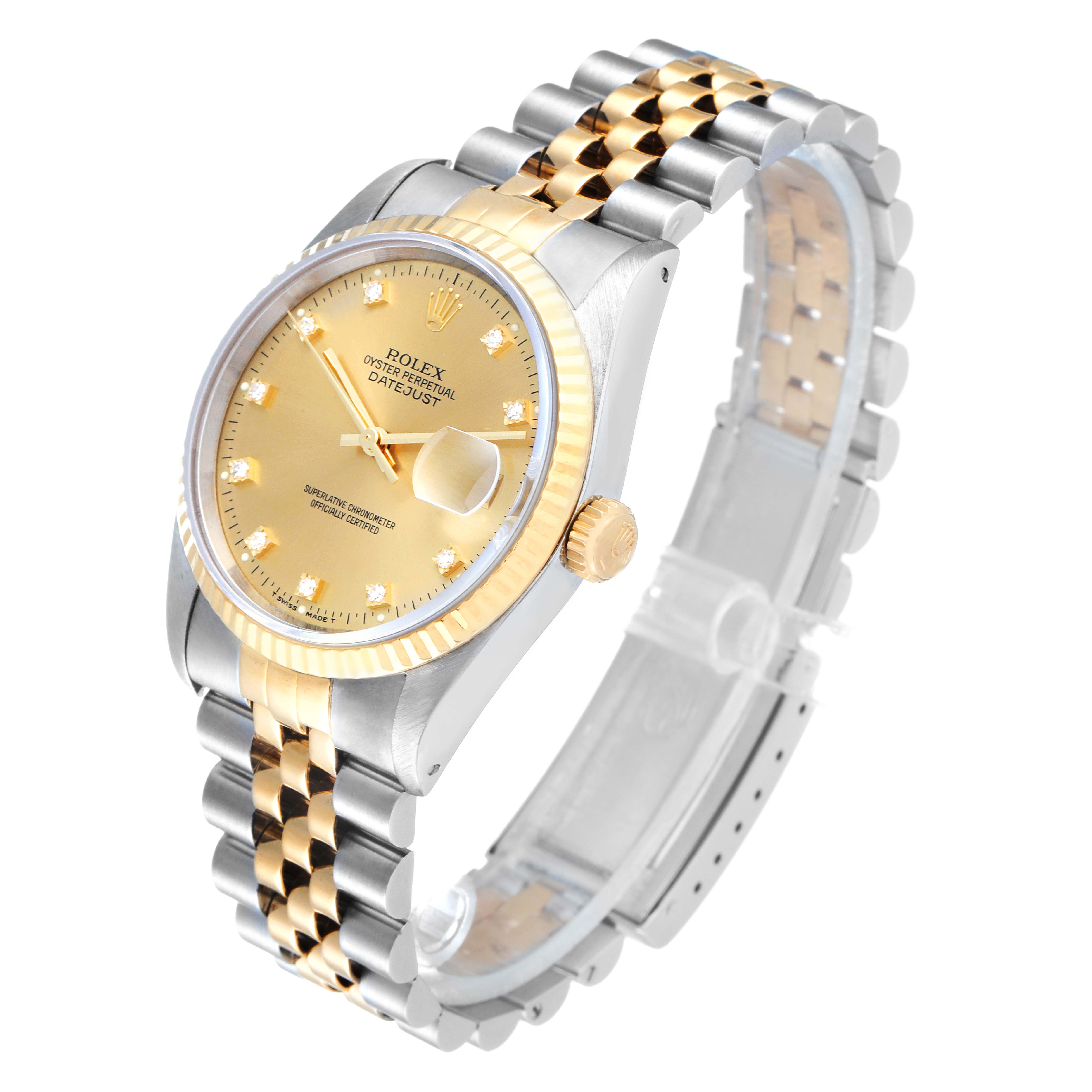 The image shows a Rolex Datejust 16233 Men's Steel and Gold (two tone) Champagne Dial 16233 Men's Steel and Gold (two tone) Champagne Dial watch from a three-quarter angle, highlighting its two-tone bracelet and gold dial.