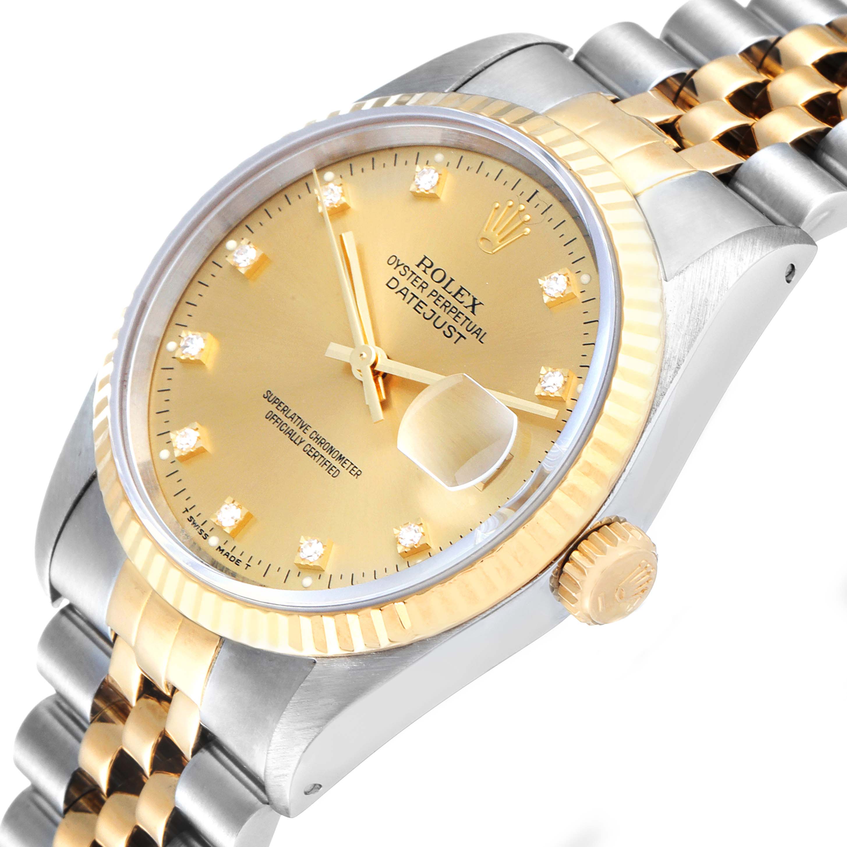 This Rolex Datejust 16233 Men's Steel and Gold (two tone) Champagne Dial 16233 Men's Steel and Gold (two tone) Champagne Dial model is shown at an angled view highlighting the gold dial, fluted bezel, crown, and two-tone bracelet.