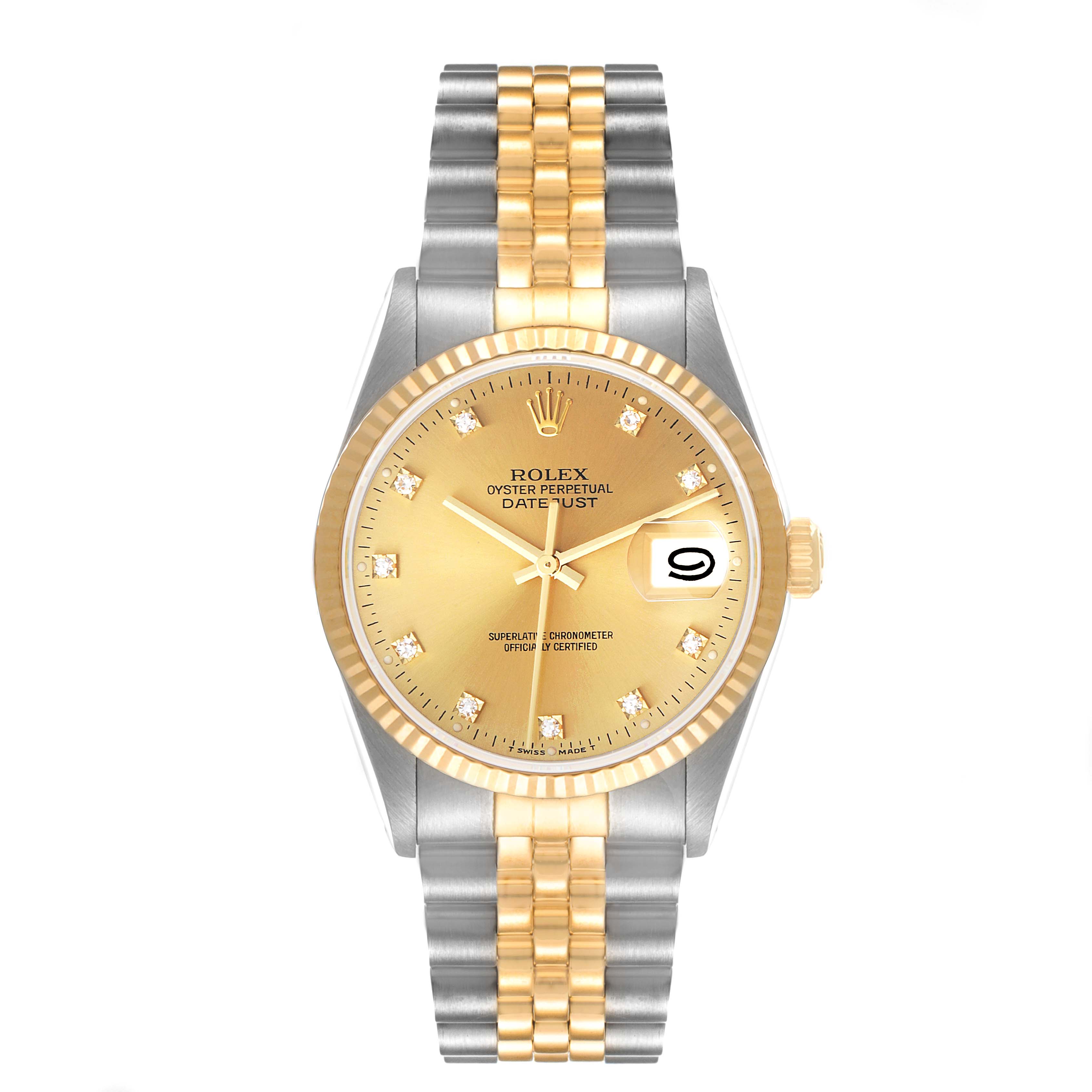 This image shows a Rolex Datejust 16233 Men's Steel and Gold (two tone) Champagne Dial 16233 Men's Steel and Gold (two tone) Champagne Dial watch from a front view, displaying its gold and silver bracelet, dial, and date window.