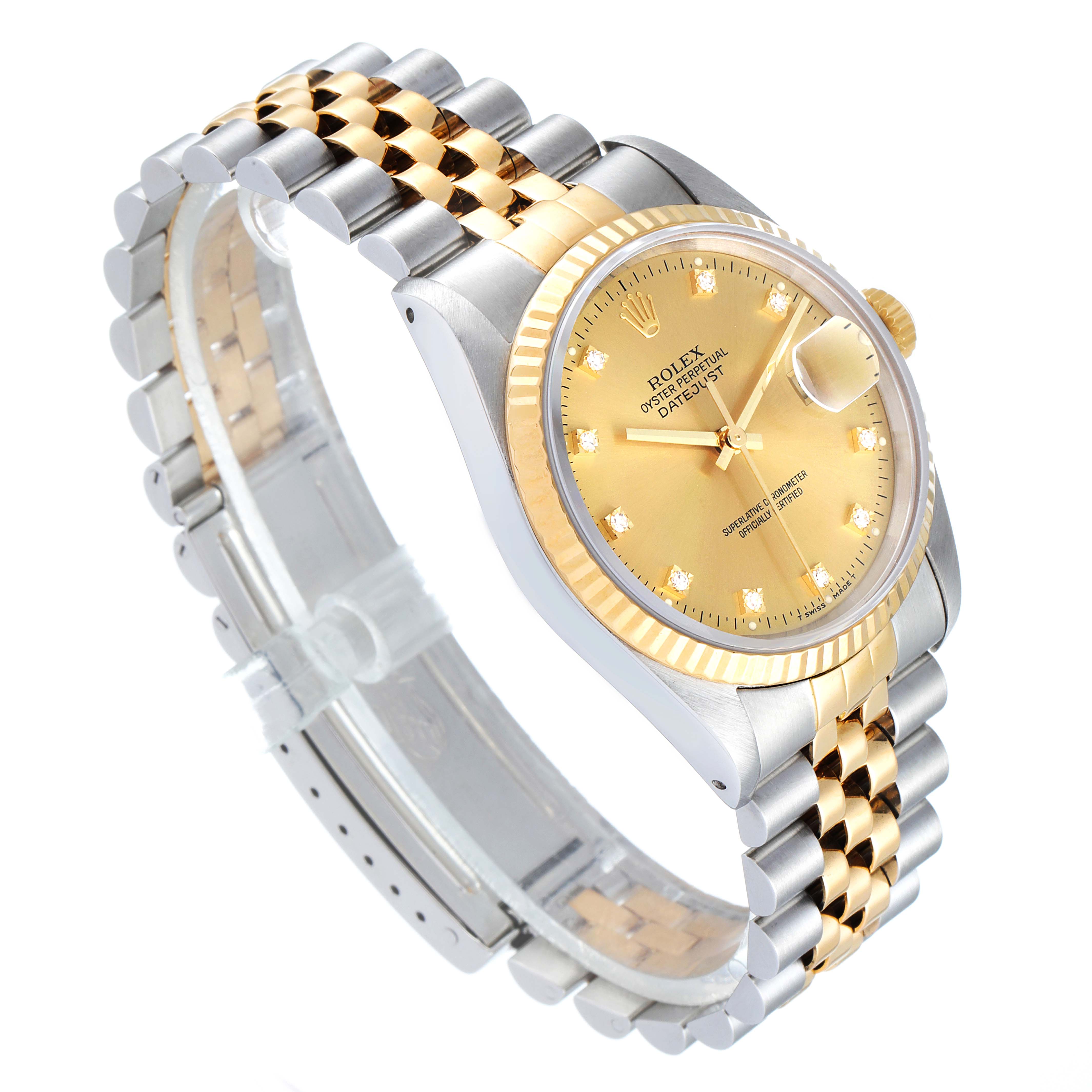 The image shows a Rolex Datejust 16233 Men's Steel and Gold (two tone) Champagne Dial 16233 Men's Steel and Gold (two tone) Champagne Dial watch at an angle, displaying its two-tone bracelet and champagne dial with diamond hour markers.
