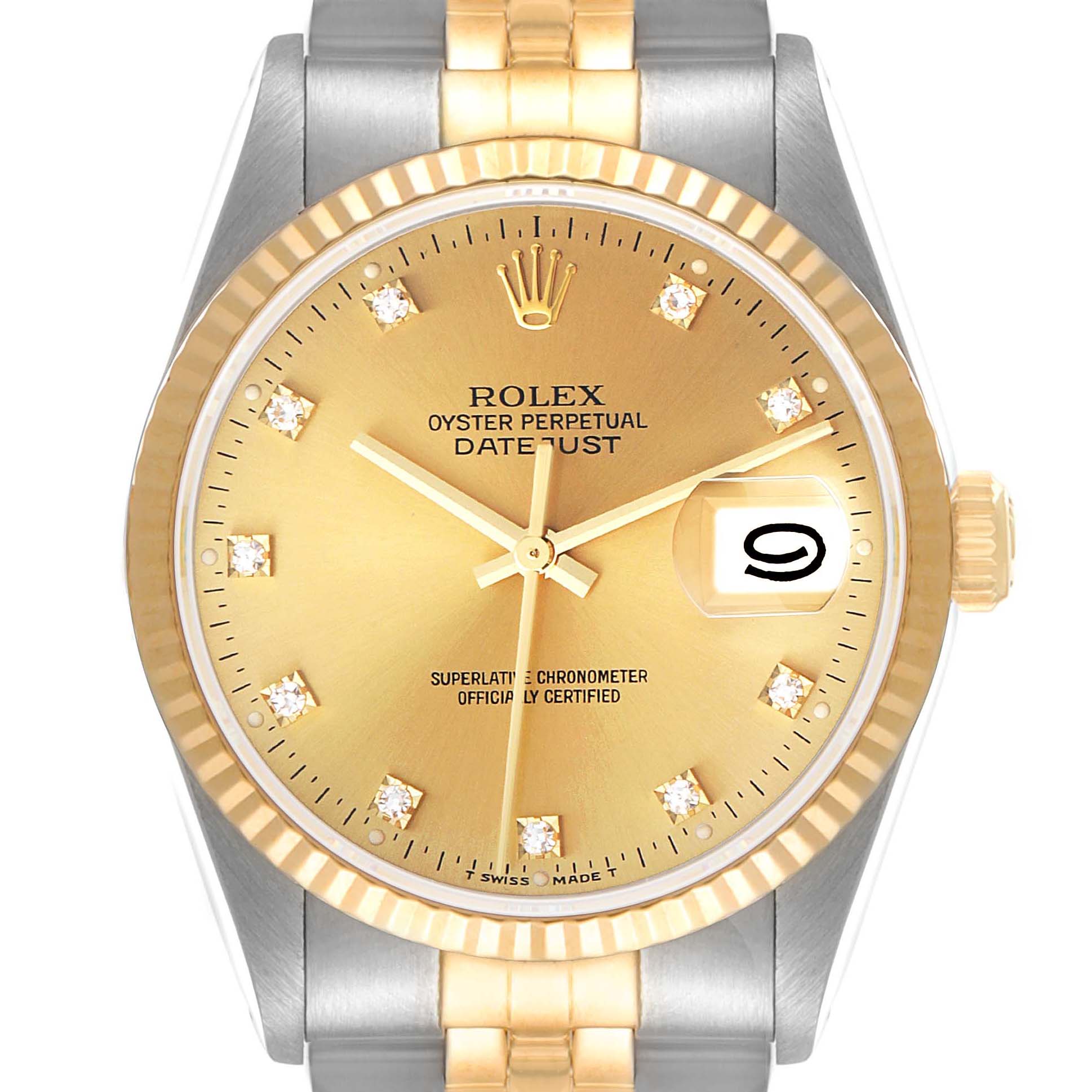 The image shows a front view of a Rolex Datejust 16233 Men's Steel and Gold (two tone) Champagne Dial 16233 Men's Steel and Gold (two tone) Champagne Dial watch, highlighting its gold dial, diamond markers, and two-tone bracelet.