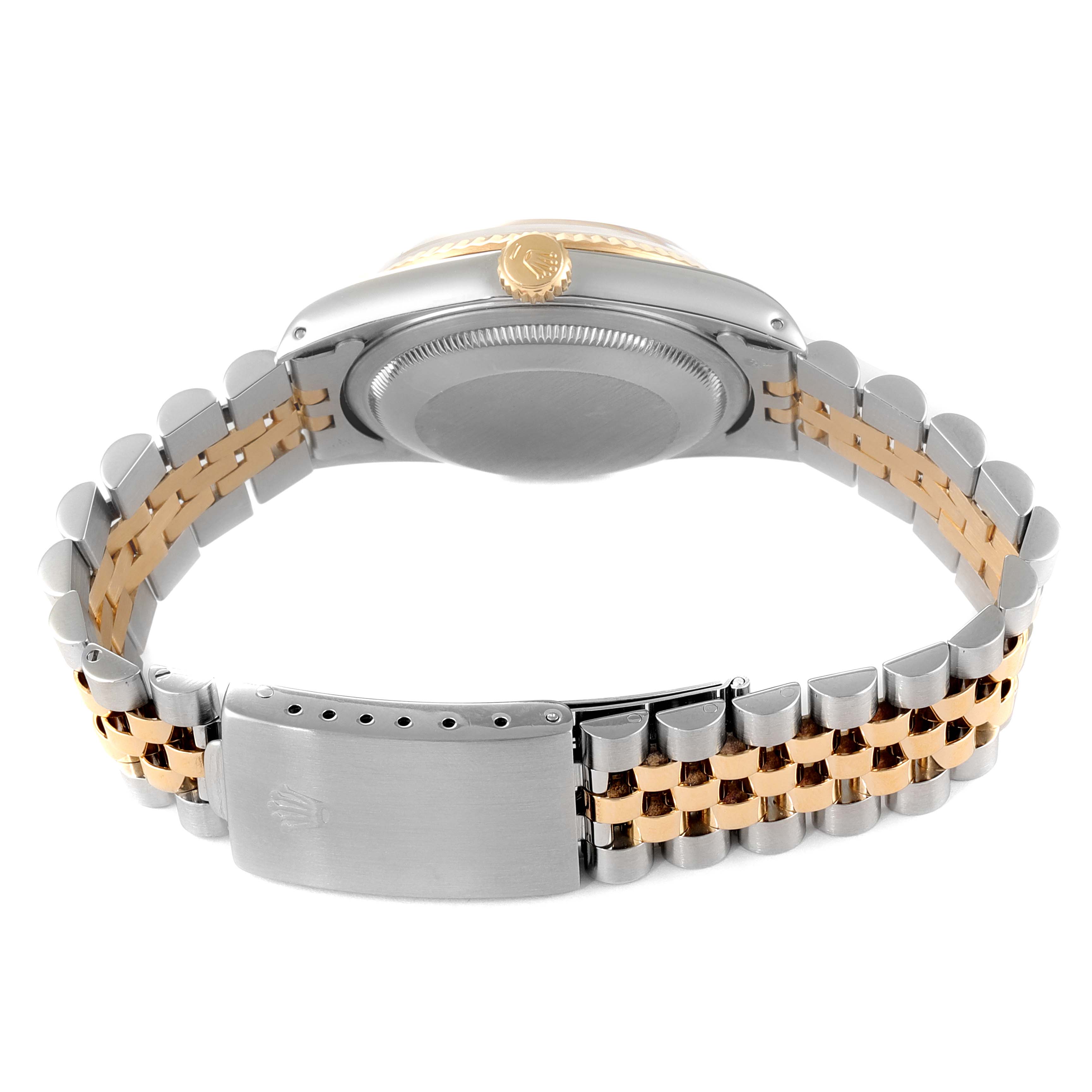 The image shows the back of a Rolex Datejust 16233 Men's Steel and Gold (two tone) Champagne Dial 16233 Men's Steel and Gold (two tone) Champagne Dial watch, highlighting its case, crown, and bracelet.